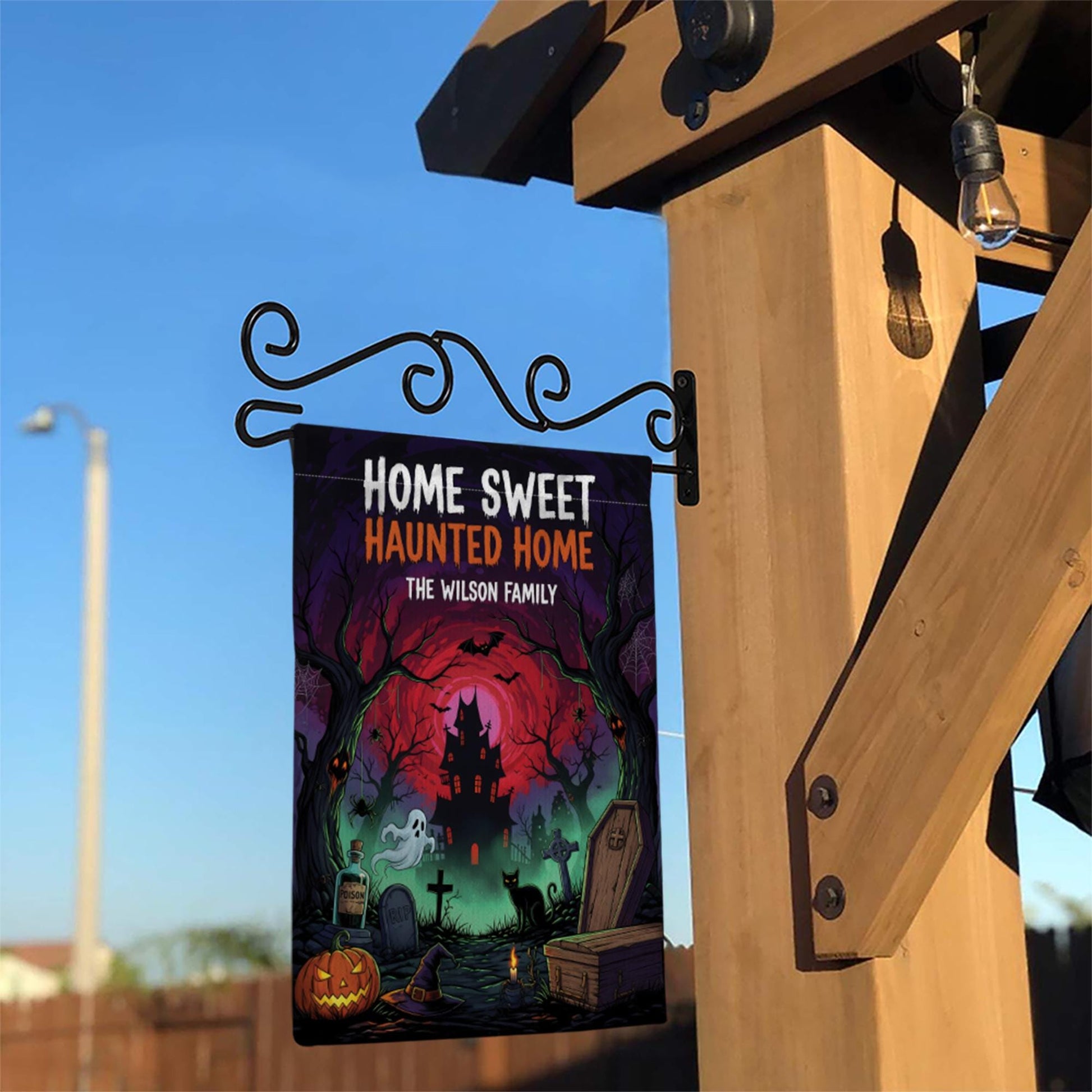 Personalized Halloween Flag, Home Sweet Haunted Home Garden Banner, Custom Family Name Sign, Spooky Haunted House Yard Decor Gift