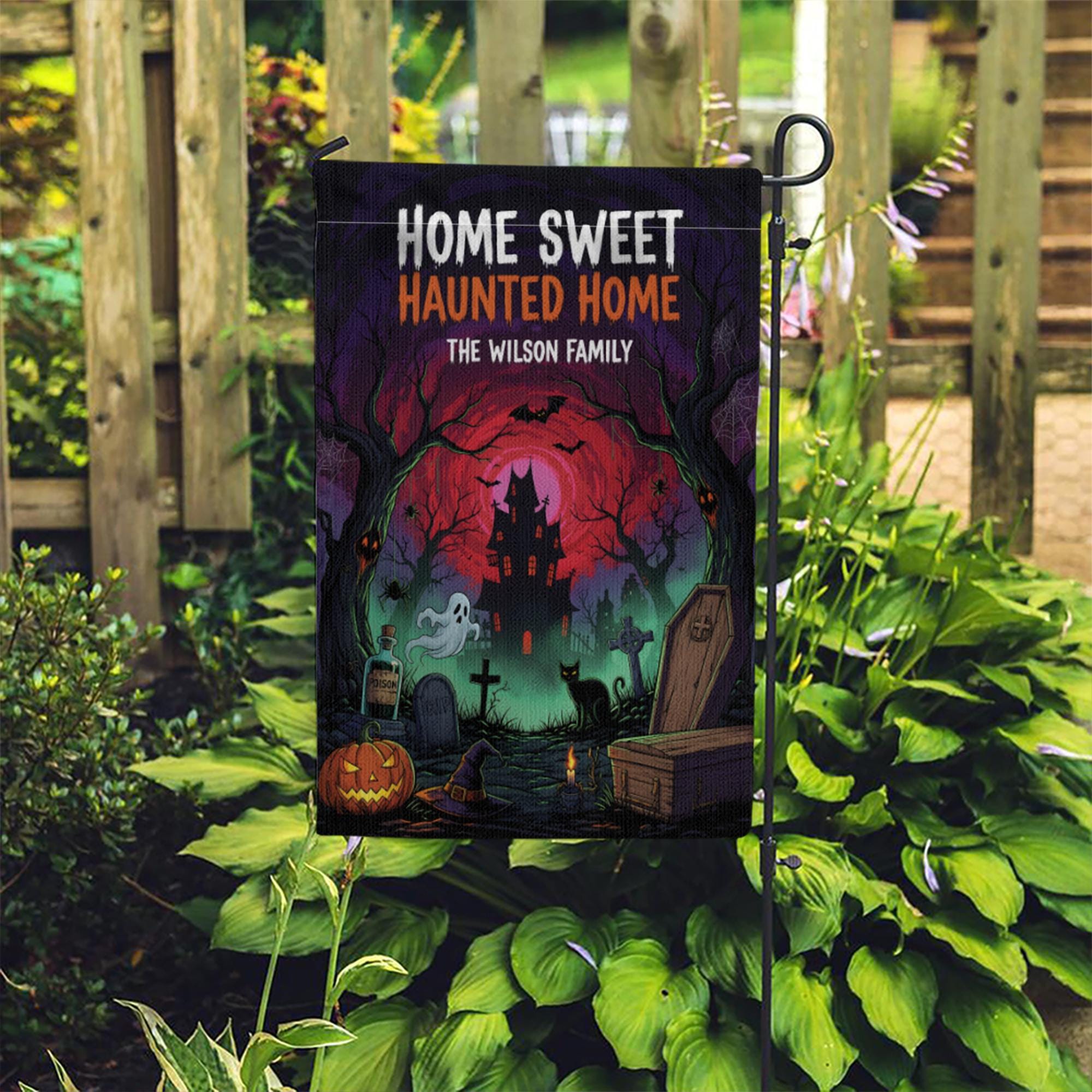 Personalized Halloween Flag, Home Sweet Haunted Home Garden Banner, Custom Family Name Sign, Spooky Haunted House Yard Decor Gift