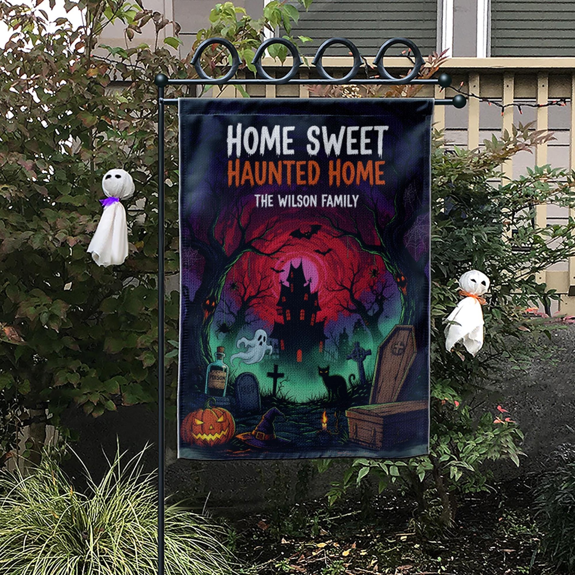 Personalized Halloween Flag, Home Sweet Haunted Home Garden Banner, Custom Family Name Sign, Spooky Haunted House Yard Decor Gift