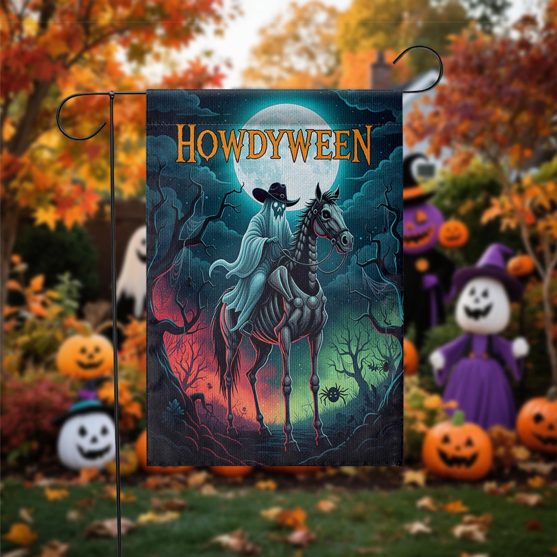 Howdyween Ghost Cowboy Garden Flag, Spooky Western Halloween Decor, Skeletal Horse Rider Banner, Outdoor Creepy Seasonal Yard Art