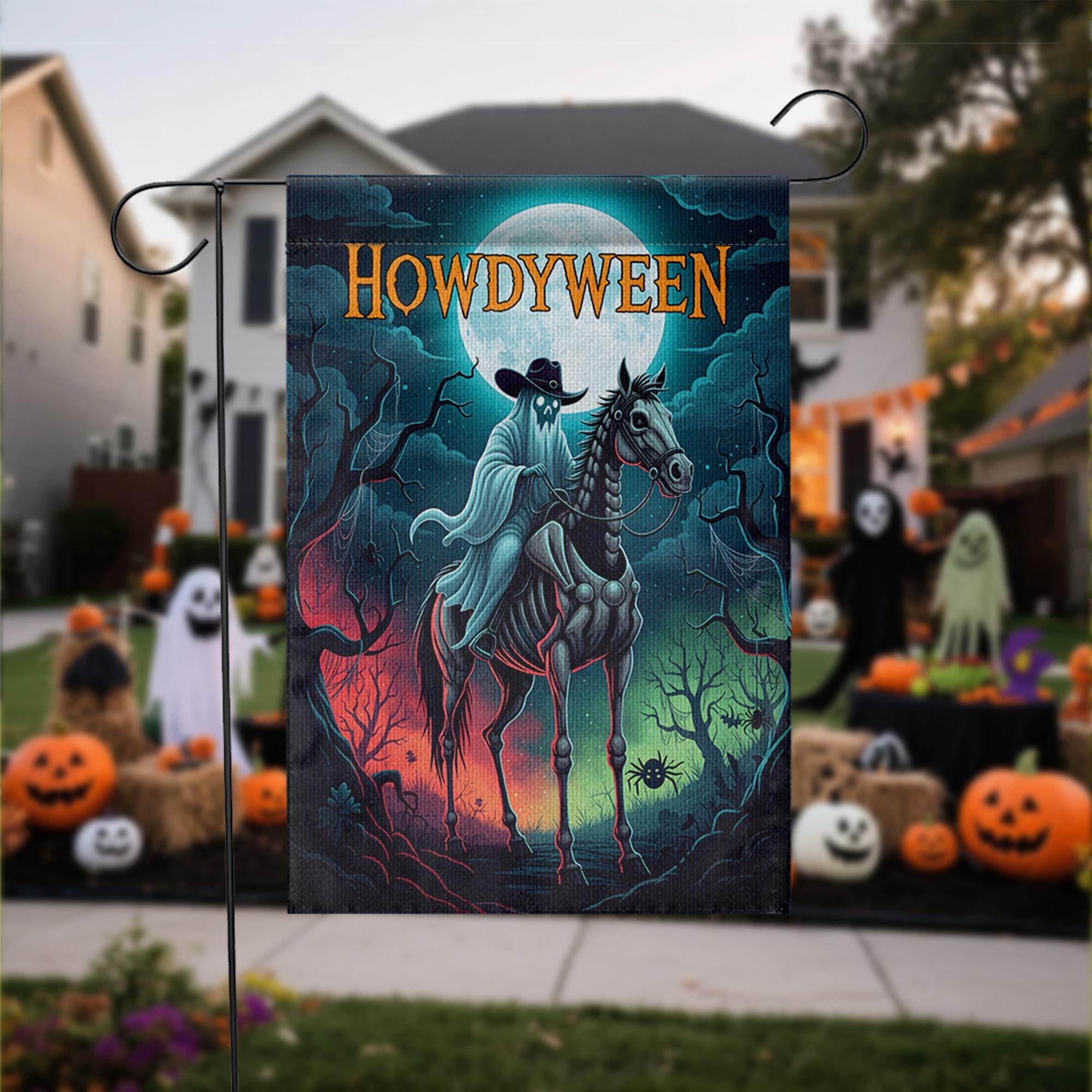 Howdyween Ghost Cowboy Garden Flag, Spooky Western Halloween Decor, Skeletal Horse Rider Banner, Outdoor Creepy Seasonal Yard Art