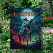 Howdyween Ghost Cowboy Garden Flag, Spooky Western Halloween Decor, Skeletal Horse Rider Banner, Outdoor Creepy Seasonal Yard Art