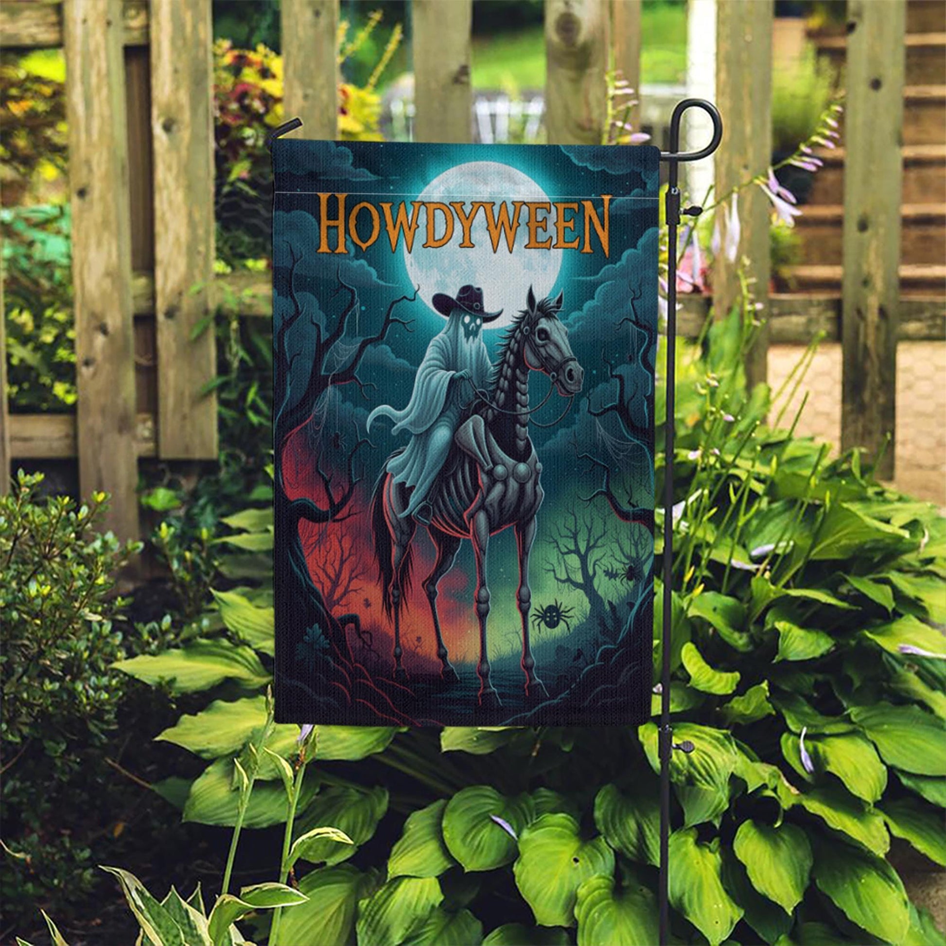 Howdyween Ghost Cowboy Garden Flag, Spooky Western Halloween Decor, Skeletal Horse Rider Banner, Outdoor Creepy Seasonal Yard Art