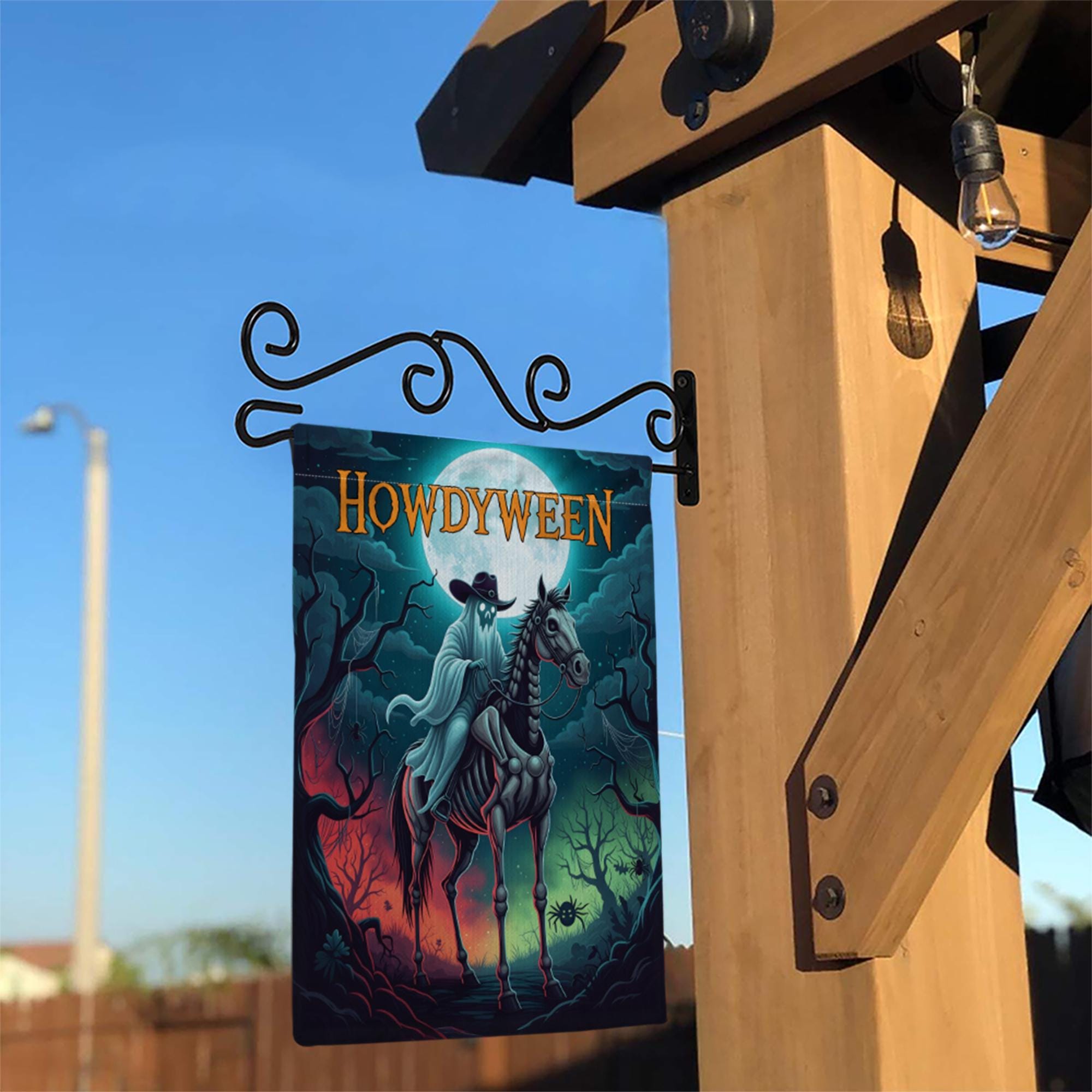 Howdyween Ghost Cowboy Garden Flag, Spooky Western Halloween Decor, Skeletal Horse Rider Banner, Outdoor Creepy Seasonal Yard Art
