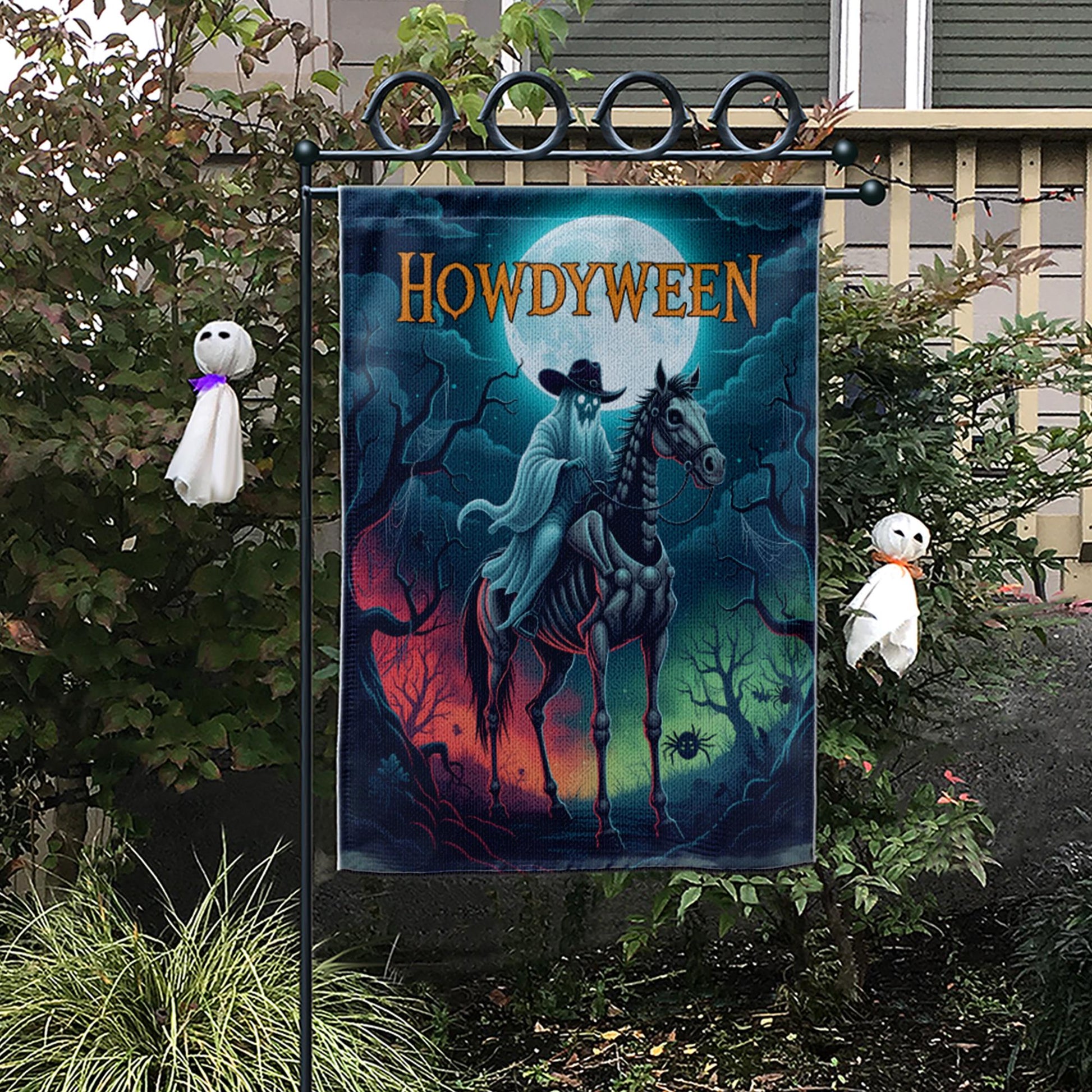Howdyween Ghost Cowboy Garden Flag, Spooky Western Halloween Decor, Skeletal Horse Rider Banner, Outdoor Creepy Seasonal Yard Art