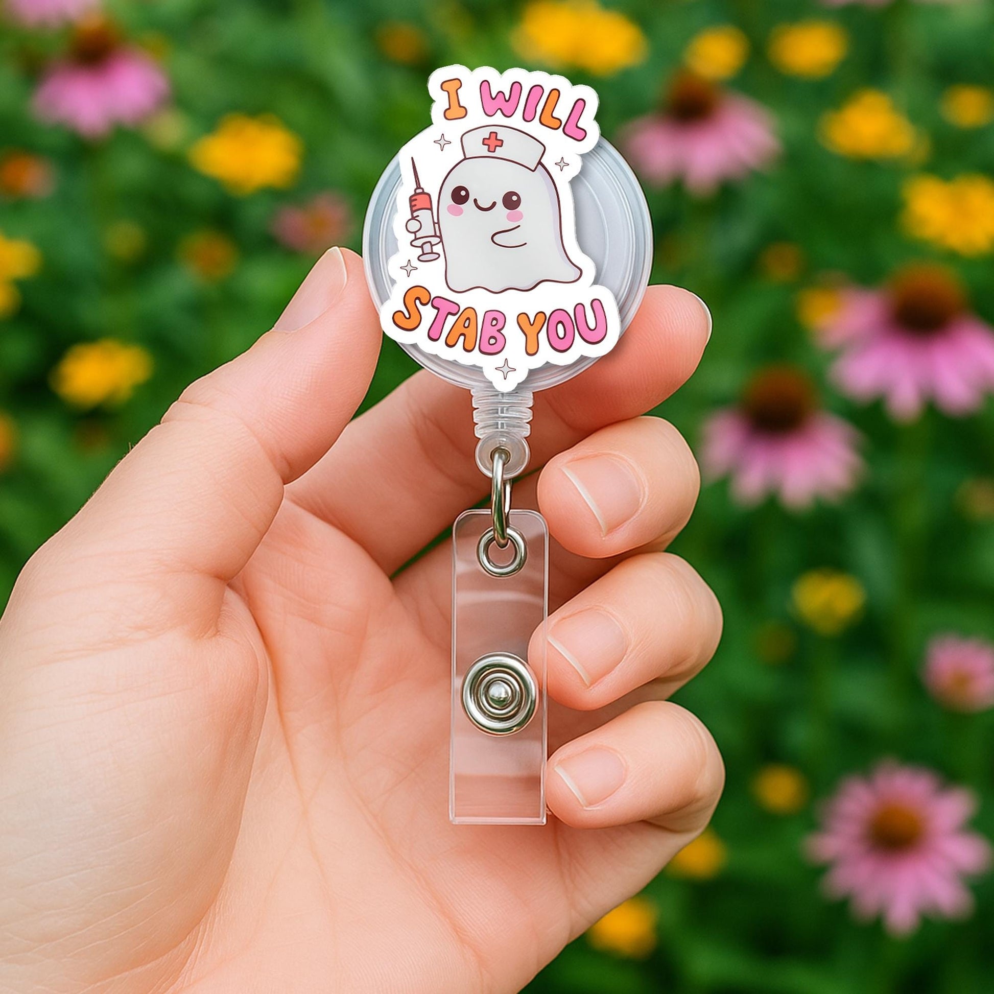 Funny Nurse Ghost Badge Reel, Cute Retractable ID Holder for Healthcare Professionals, Spooky RN LPN Medical Assistant Gift