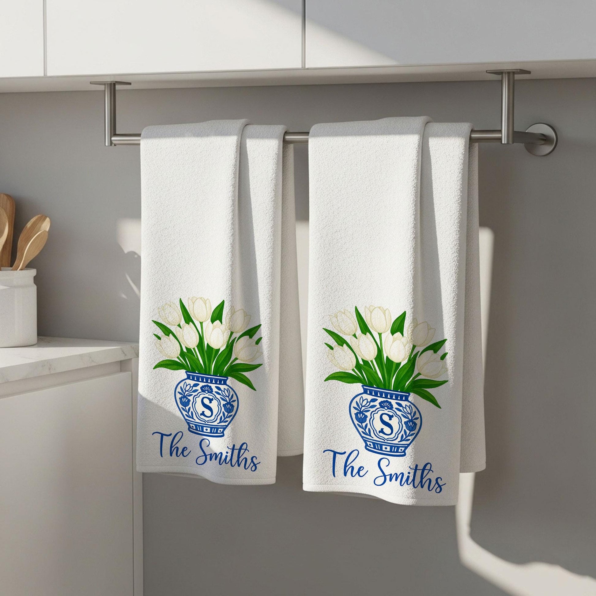Personalized Kitchen Towel with Family Name – Tulip Flower Blue Chinoiserie Flower Vase Hand Towel – Custom Monogram Towel Gift for Home