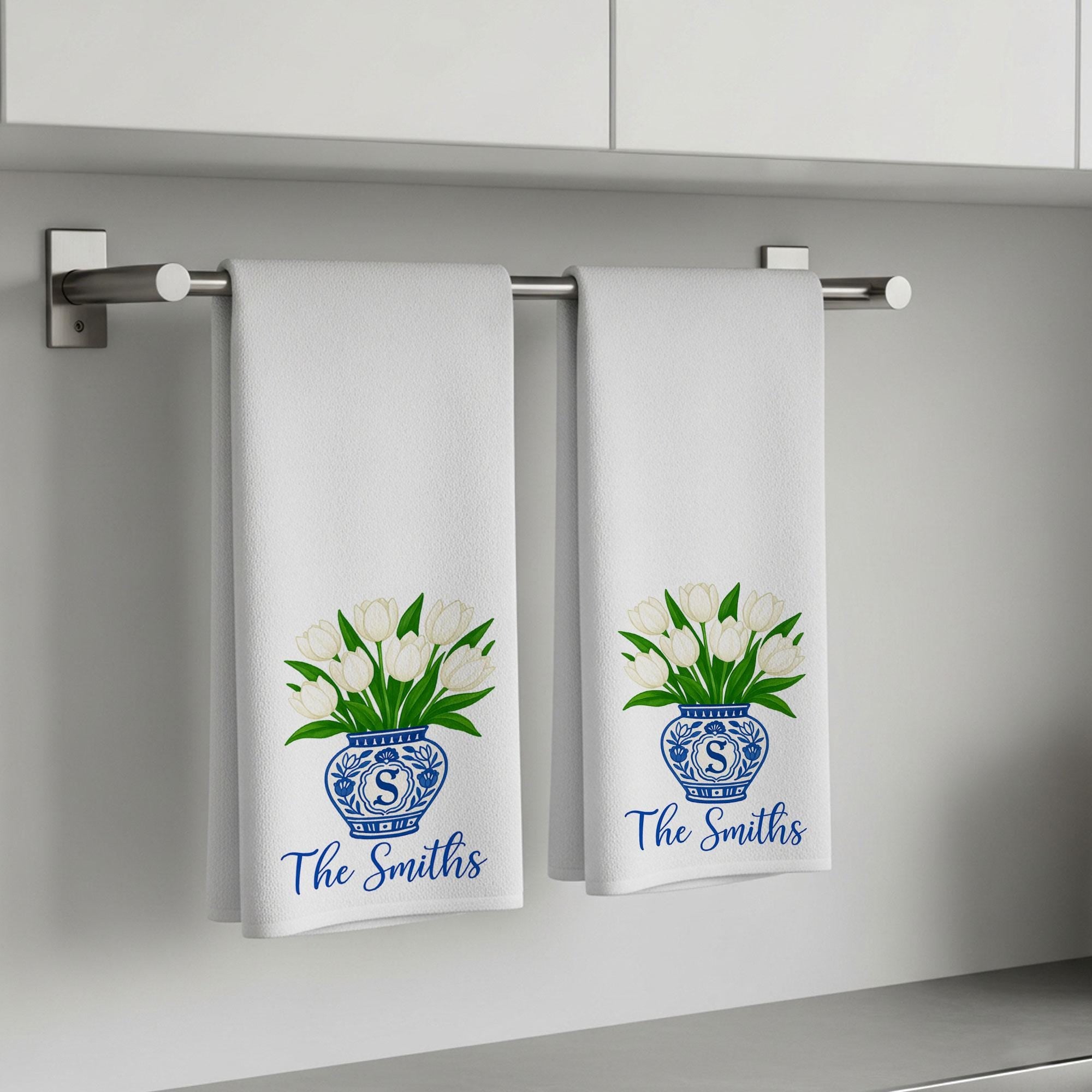 Personalized Kitchen Towel with Family Name – Tulip Flower Blue Chinoiserie Flower Vase Hand Towel – Custom Monogram Towel Gift for Home