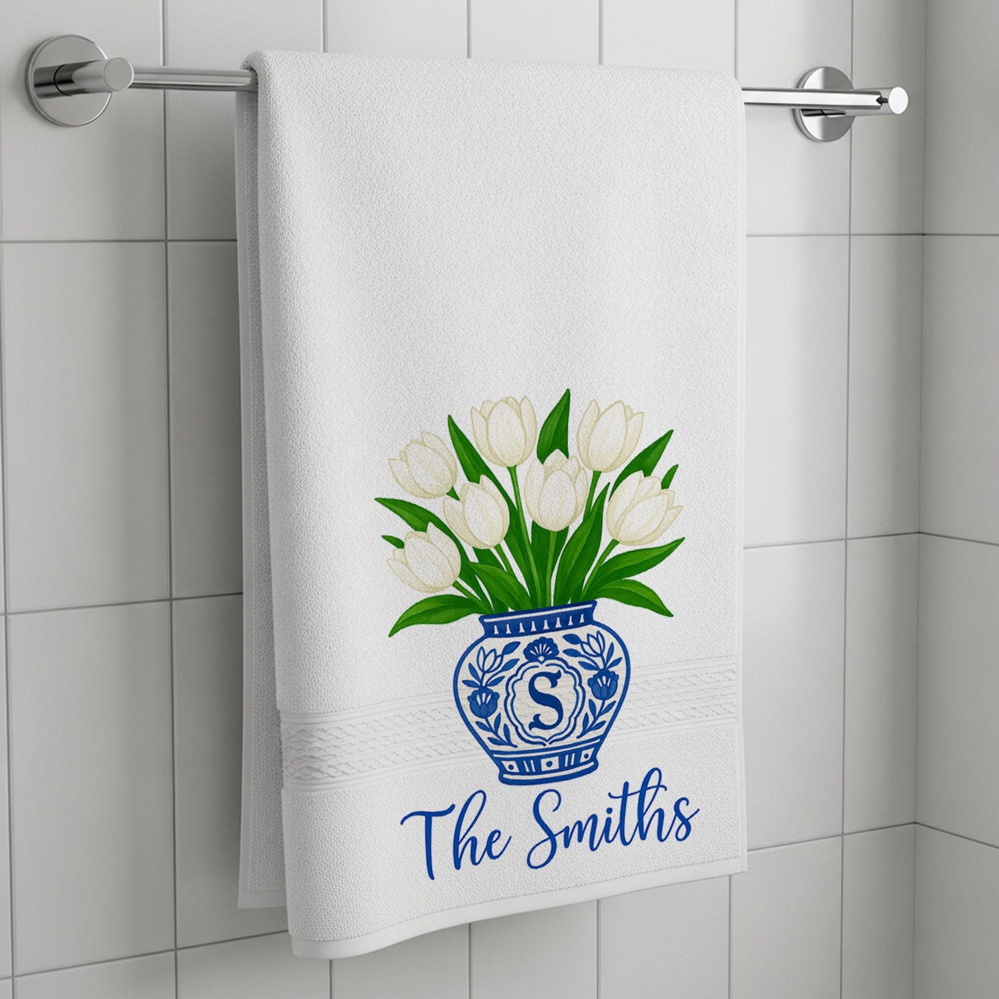 Personalized Kitchen Towel with Family Name – Tulip Flower Blue Chinoiserie Flower Vase Hand Towel – Custom Monogram Towel Gift for Home