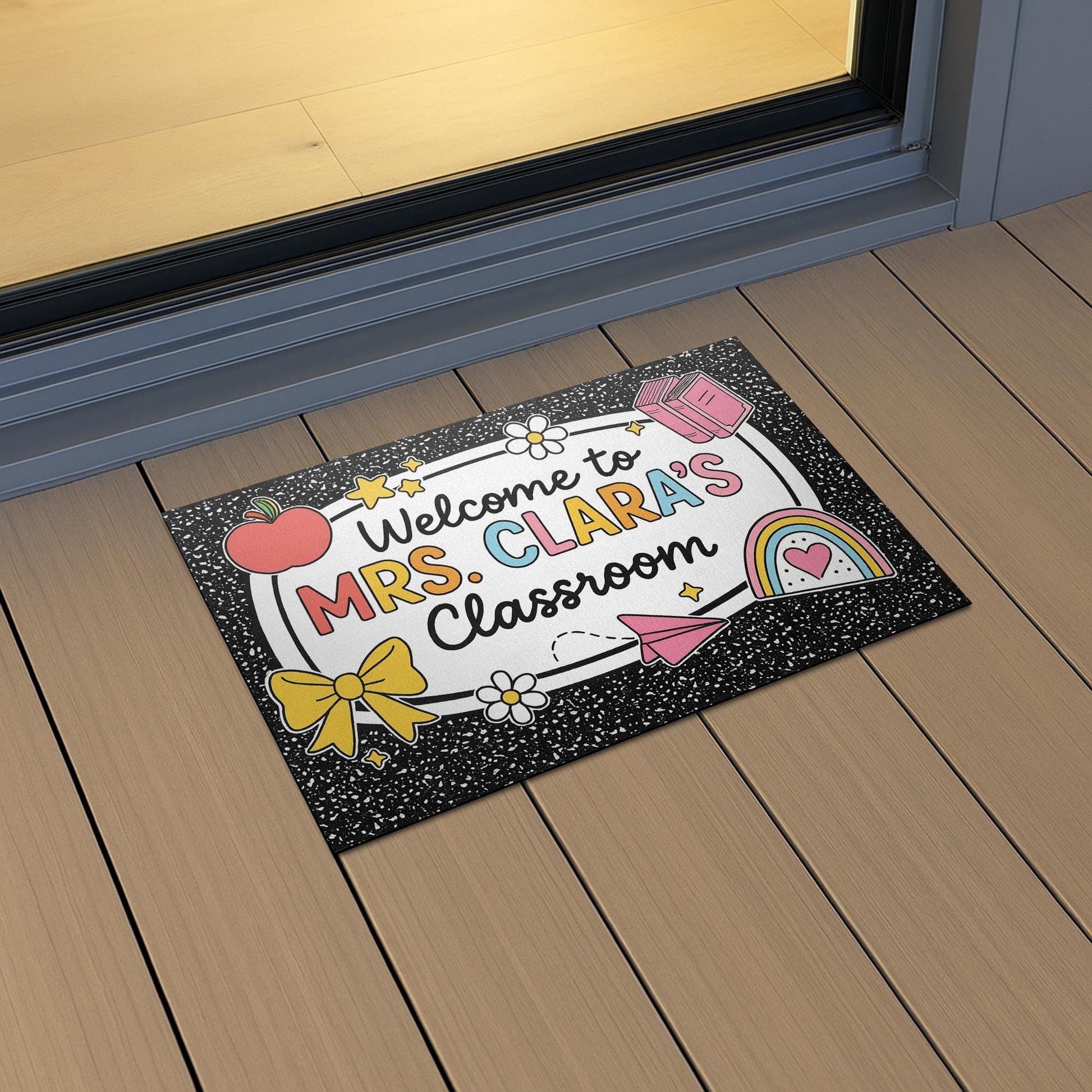 Custom Teacher Classroom Doormat, Welcome Mat with Name, Back to School Rug, Cute Rainbow and Notebook Theme Teacher Gift