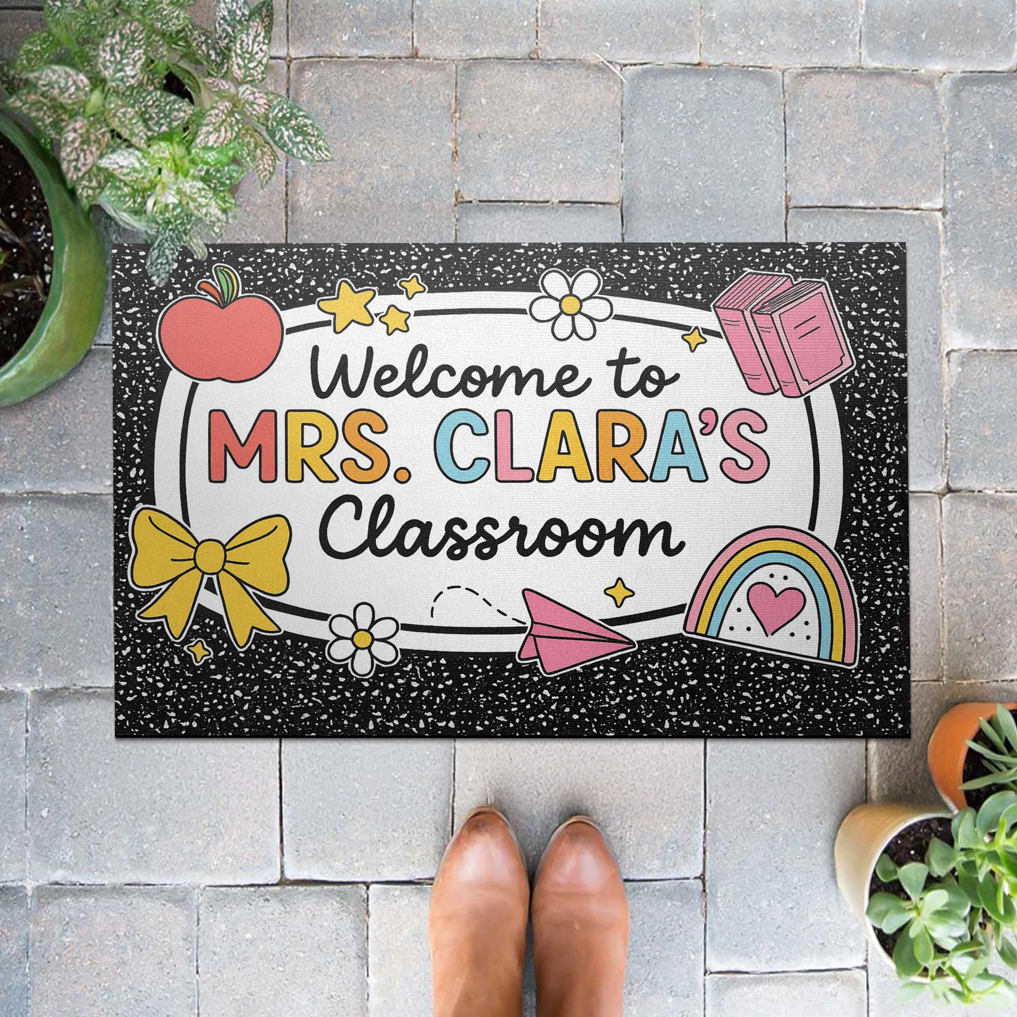 Custom Teacher Classroom Doormat, Welcome Mat with Name, Back to School Rug, Cute Rainbow and Notebook Theme Teacher Gift