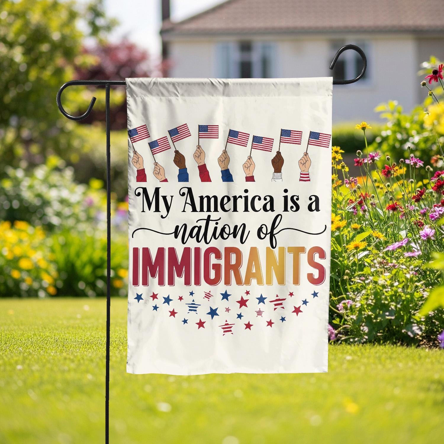 Patriotic Garden Flag – "My America is a Nation of Immigrants" – Diversity Yard Decor, 4th of July, Inclusive Outdoor Flag