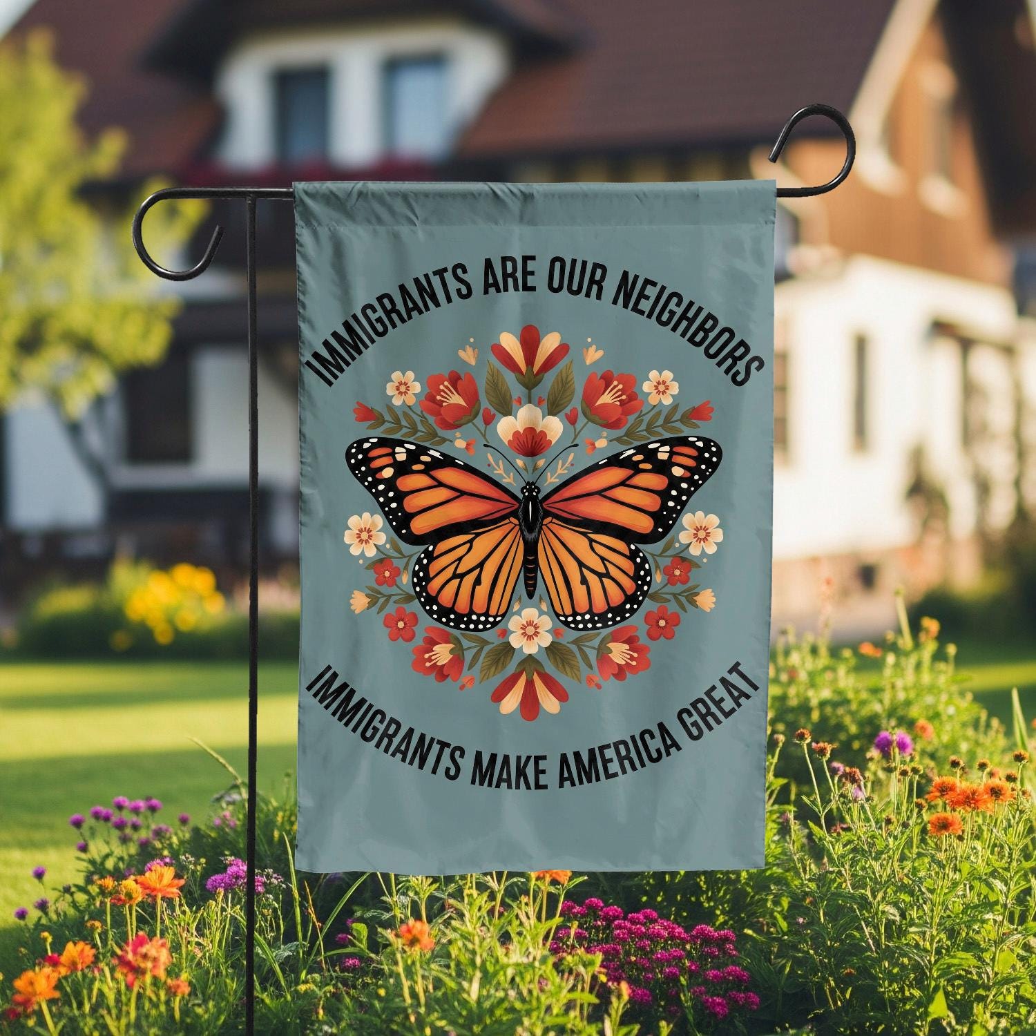 Butterfly Garden Flag – "Immigrants Are Our Neighbors" – Patriotic Yard Sign, Diversity Outdoor Decor, Immigrant Support Gift