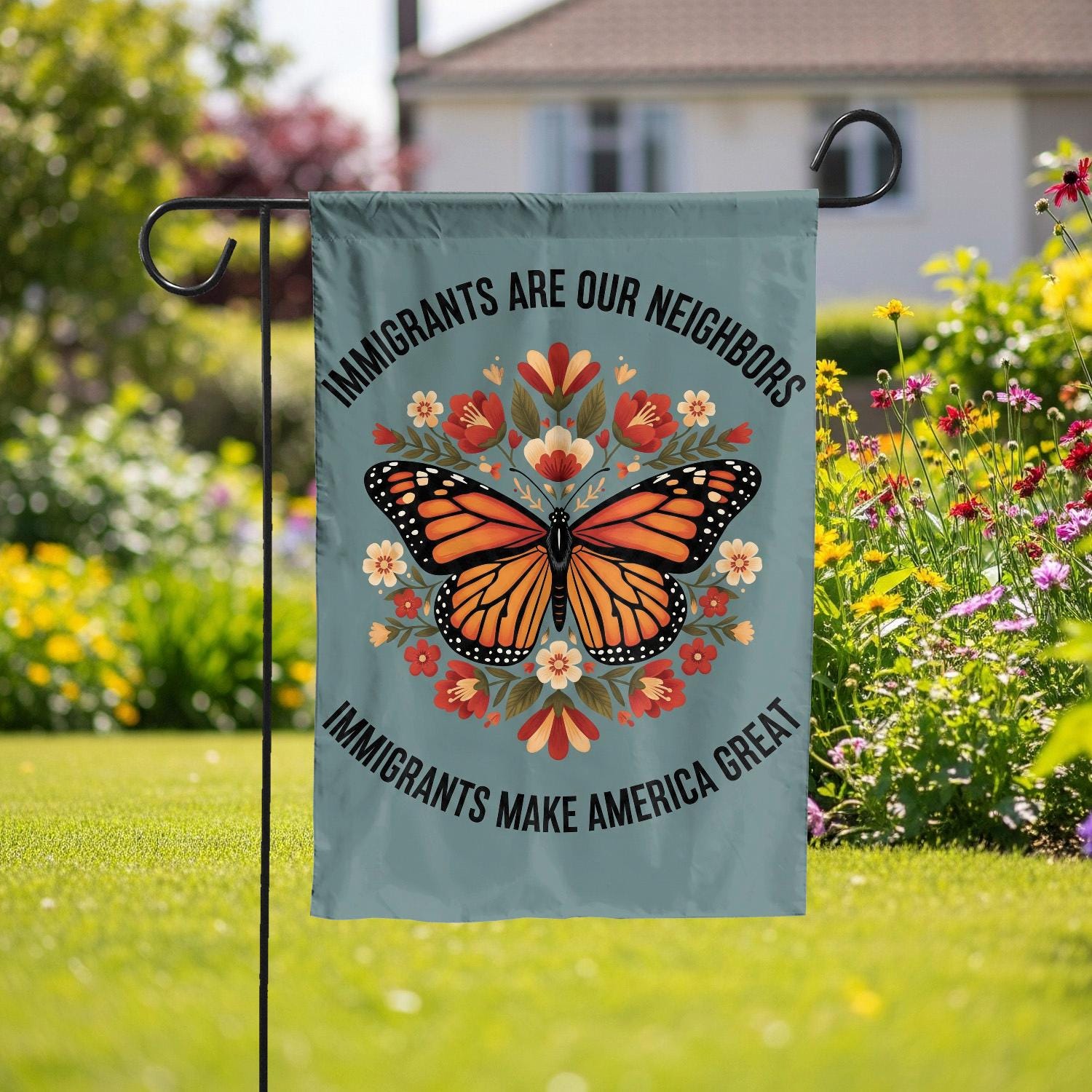 Butterfly Garden Flag – "Immigrants Are Our Neighbors" – Patriotic Yard Sign, Diversity Outdoor Decor, Immigrant Support Gift