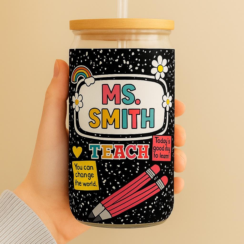 Custom Teacher Sipper Glass Cup with Lid, Personalized Back to School Sipper, Composition Notebook Theme, Cute Gift for Educators