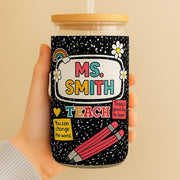 Custom Teacher Sipper Glass Cup with Lid, Personalized Back to School Sipper, Composition Notebook Theme, Cute Gift for Educators