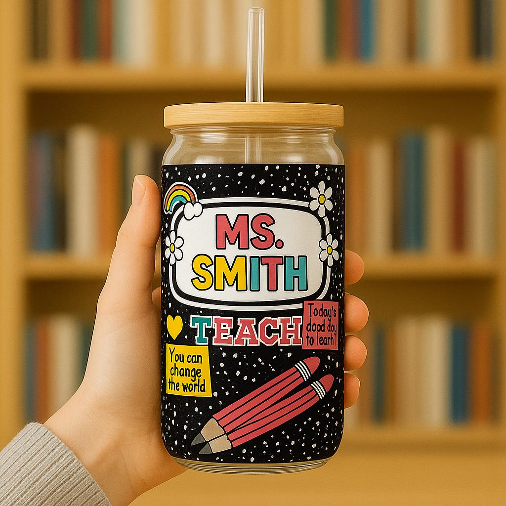 Custom Teacher Sipper Glass Cup with Lid, Personalized Back to School Sipper, Composition Notebook Theme, Cute Gift for Educators