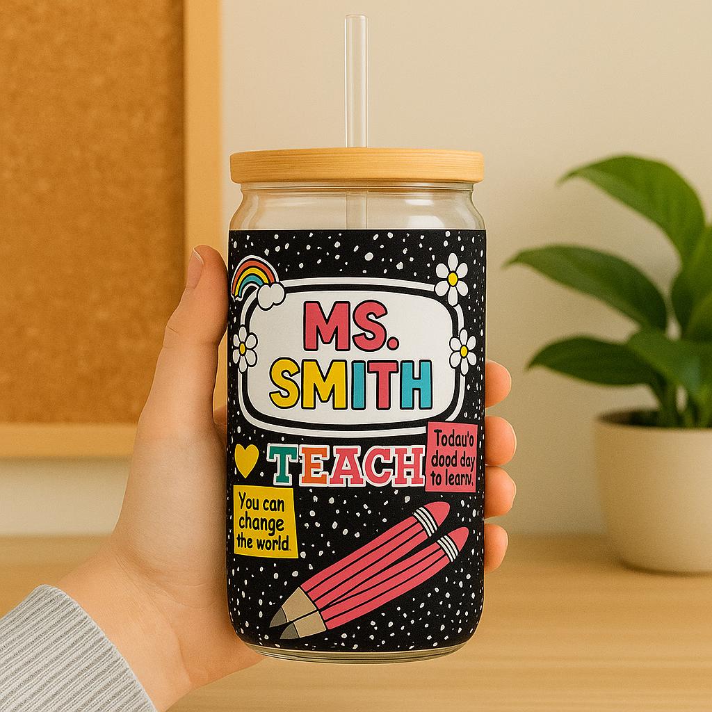 Custom Teacher Sipper Glass Cup with Lid, Personalized Back to School Sipper, Composition Notebook Theme, Cute Gift for Educators