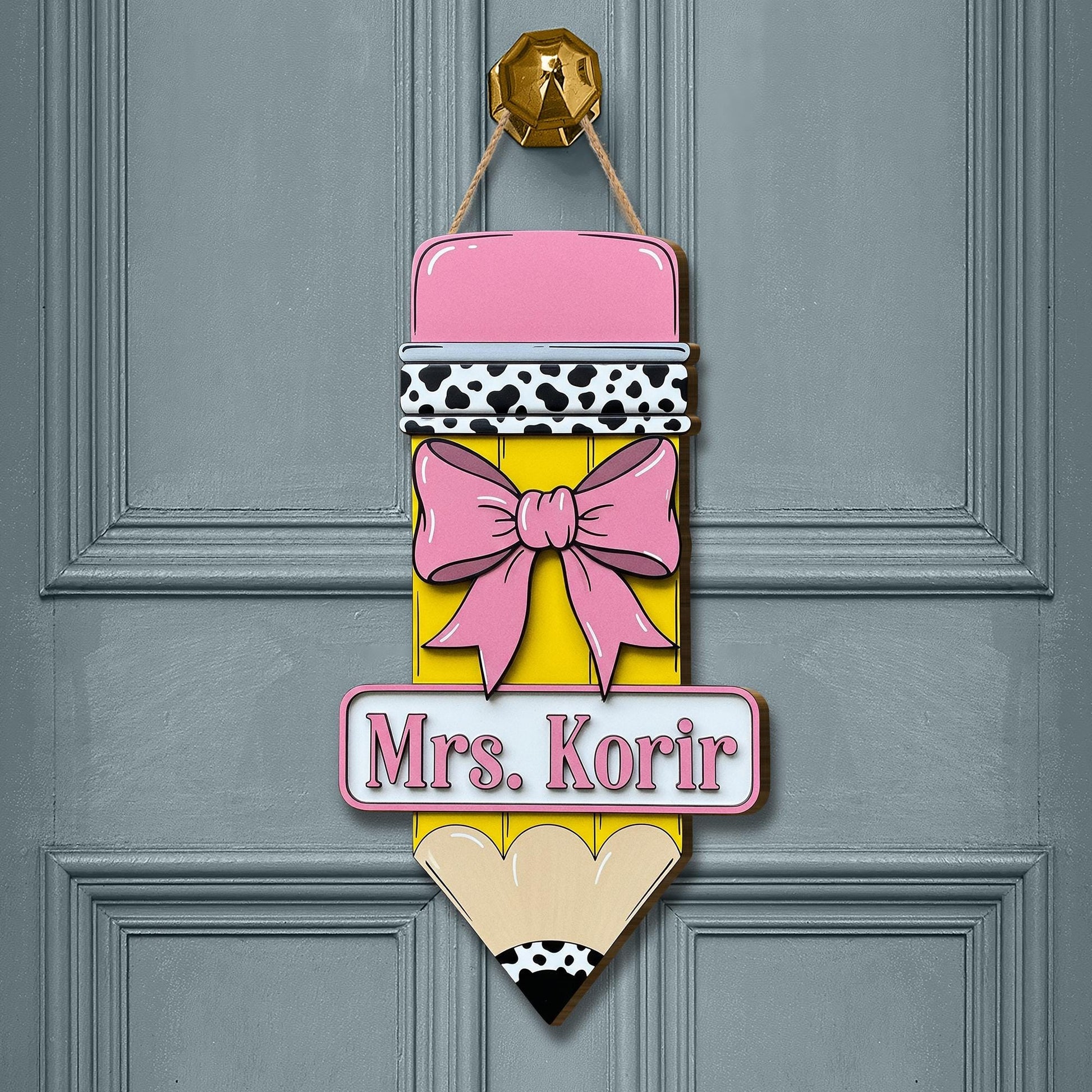 Custom Teacher Pencil Door Sign, Personalized Wooden Classroom Decor, Back to School Gift, Name Sign with Bow, Teacher Door Hanger