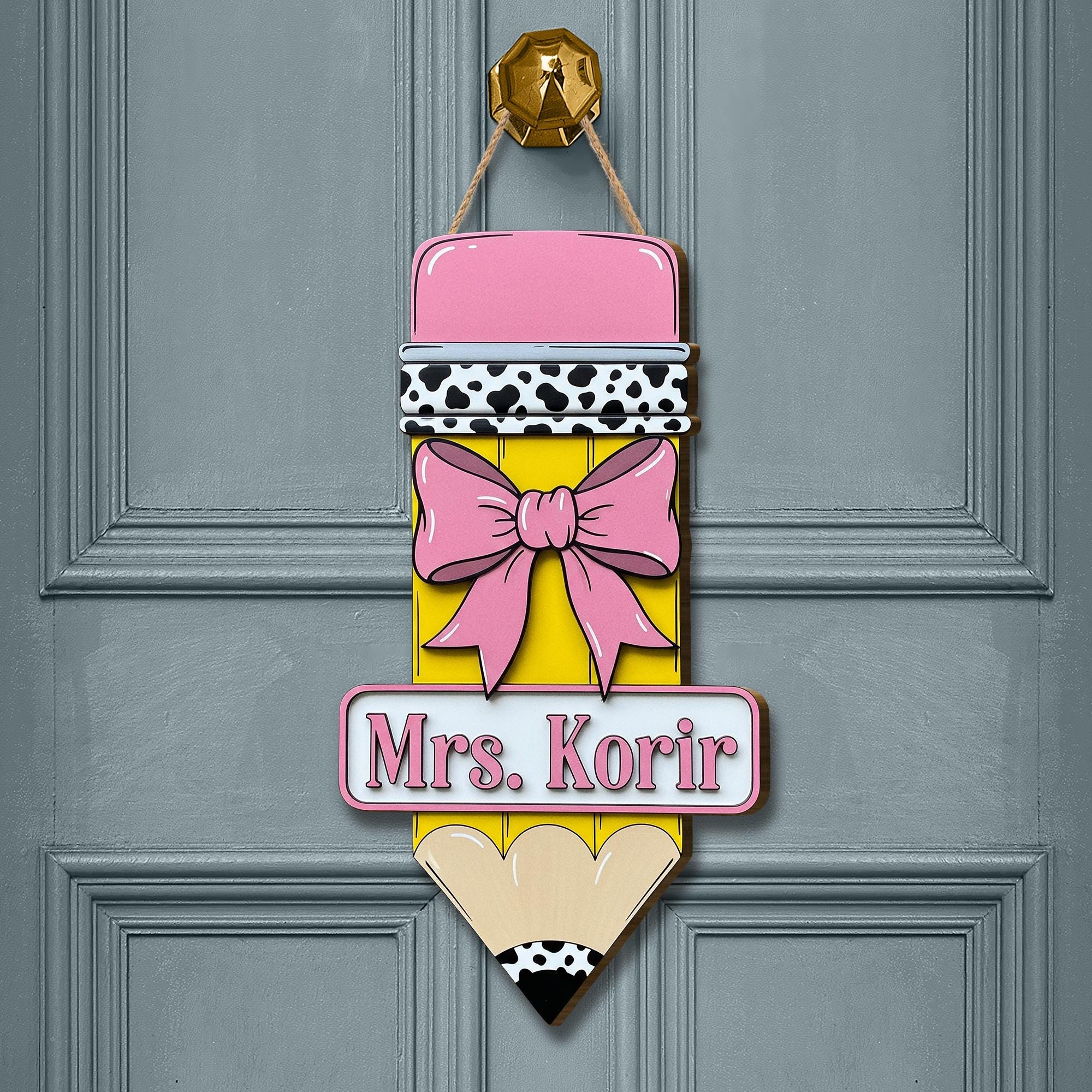 Custom Teacher Pencil Door Sign, Personalized Wooden Classroom Decor, Back to School Gift, Name Sign with Bow, Teacher Door Hanger