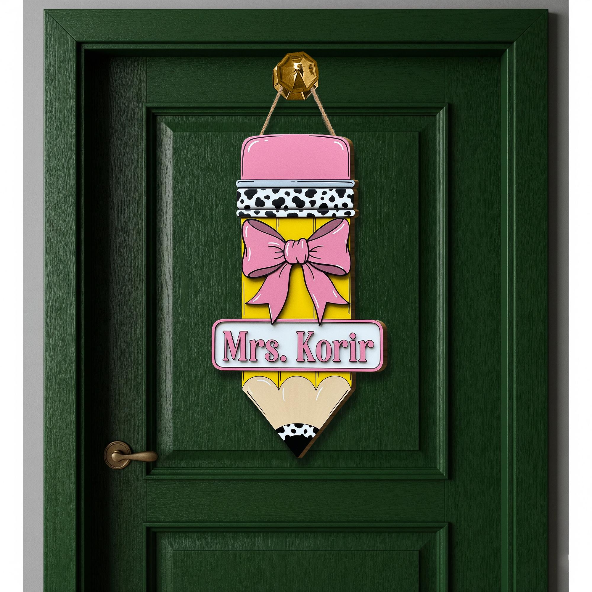 Custom Teacher Pencil Door Sign, Personalized Wooden Classroom Decor, Back to School Gift, Name Sign with Bow, Teacher Door Hanger
