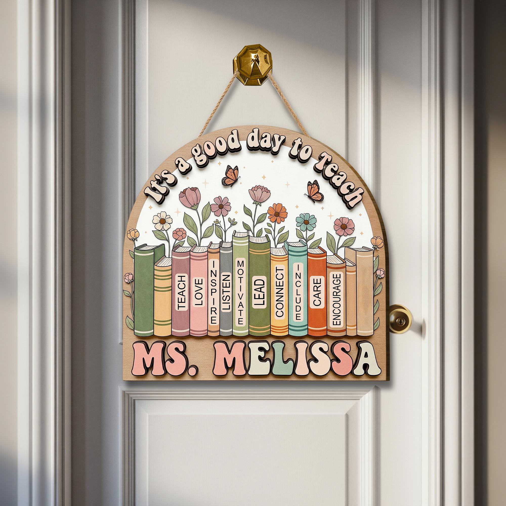 Custom Teacher Door Sign, Wooden Book Theme Sign, Personalized Classroom Decor, Back to School Gift for Teacher, Floral Design