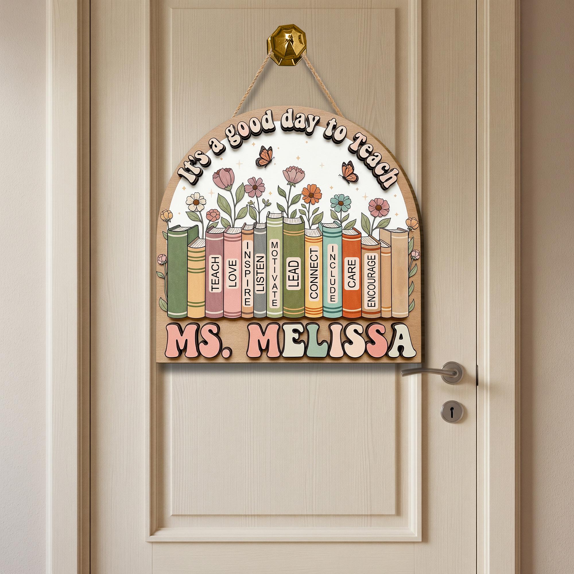 Custom Teacher Door Sign, Wooden Book Theme Sign, Personalized Classroom Decor, Back to School Gift for Teacher, Floral Design