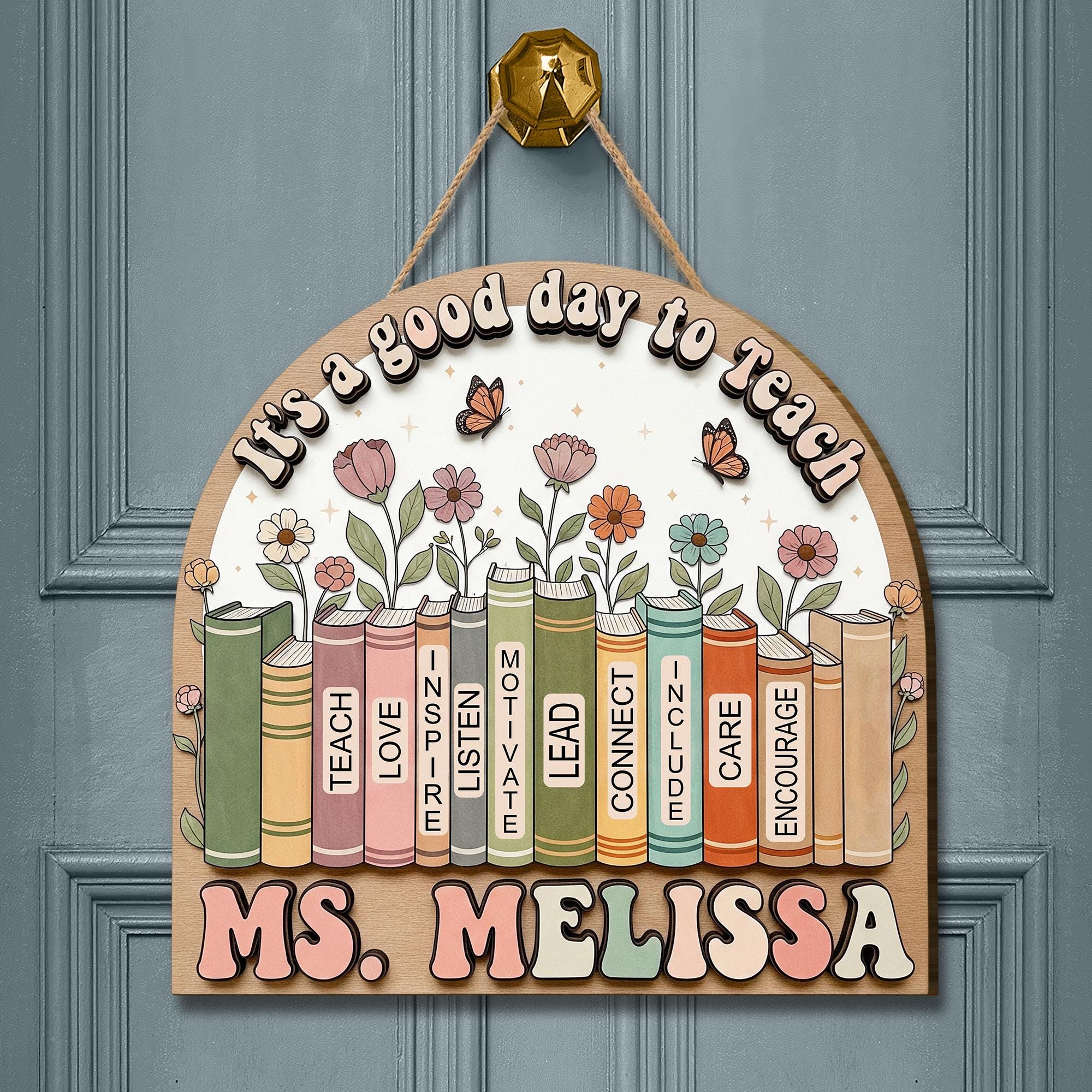 Custom Teacher Door Sign, Wooden Book Theme Sign, Personalized Classroom Decor, Back to School Gift for Teacher, Floral Design