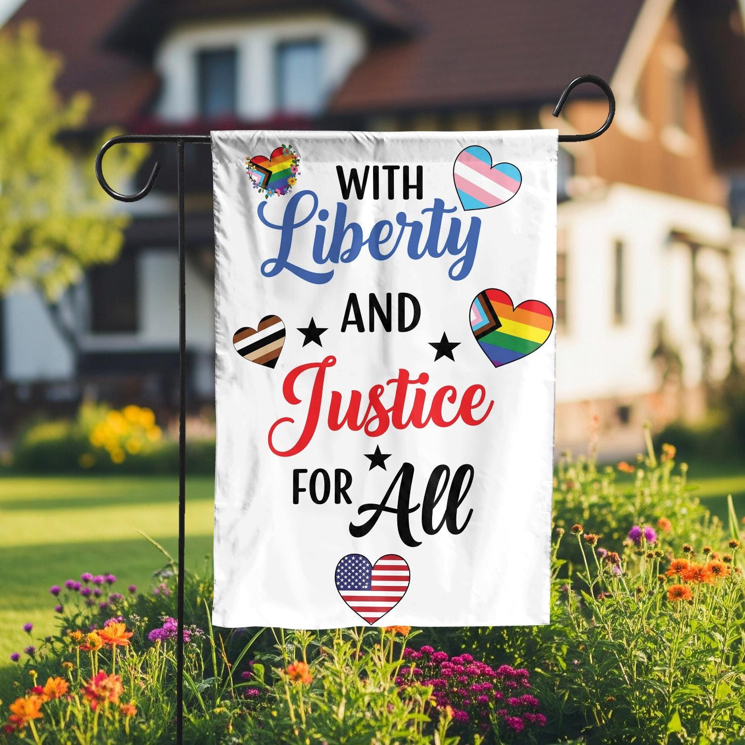 With Liberty and Justice for All Garden Flag – Inclusive Pride Yard Decor with Hearts – Equality Patriotic Outdoor Sign, American Pride Flag