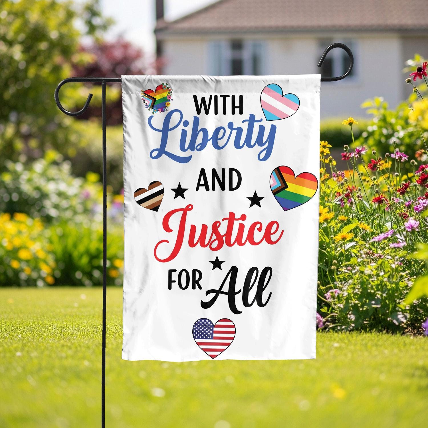 With Liberty and Justice for All Garden Flag – Inclusive Pride Yard Decor with Hearts – Equality Patriotic Outdoor Sign, American Pride Flag