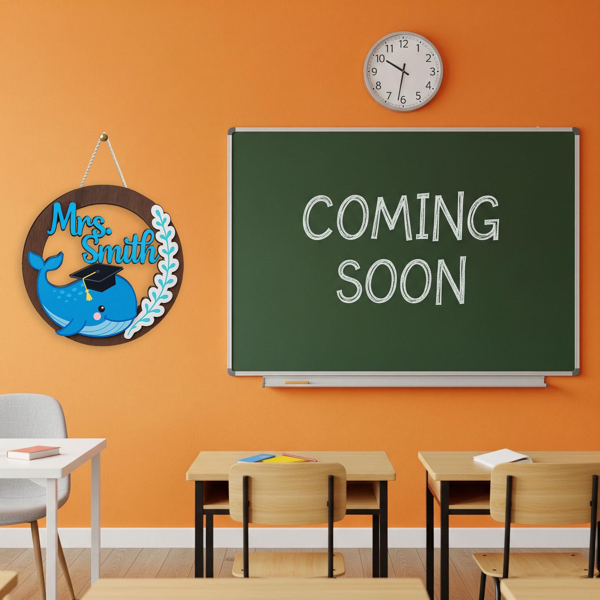 Custom Whale Teacher Sign, Personalized Wooden Door Decor, Back to School Gift for Teacher, Ocean Classroom Name Sign