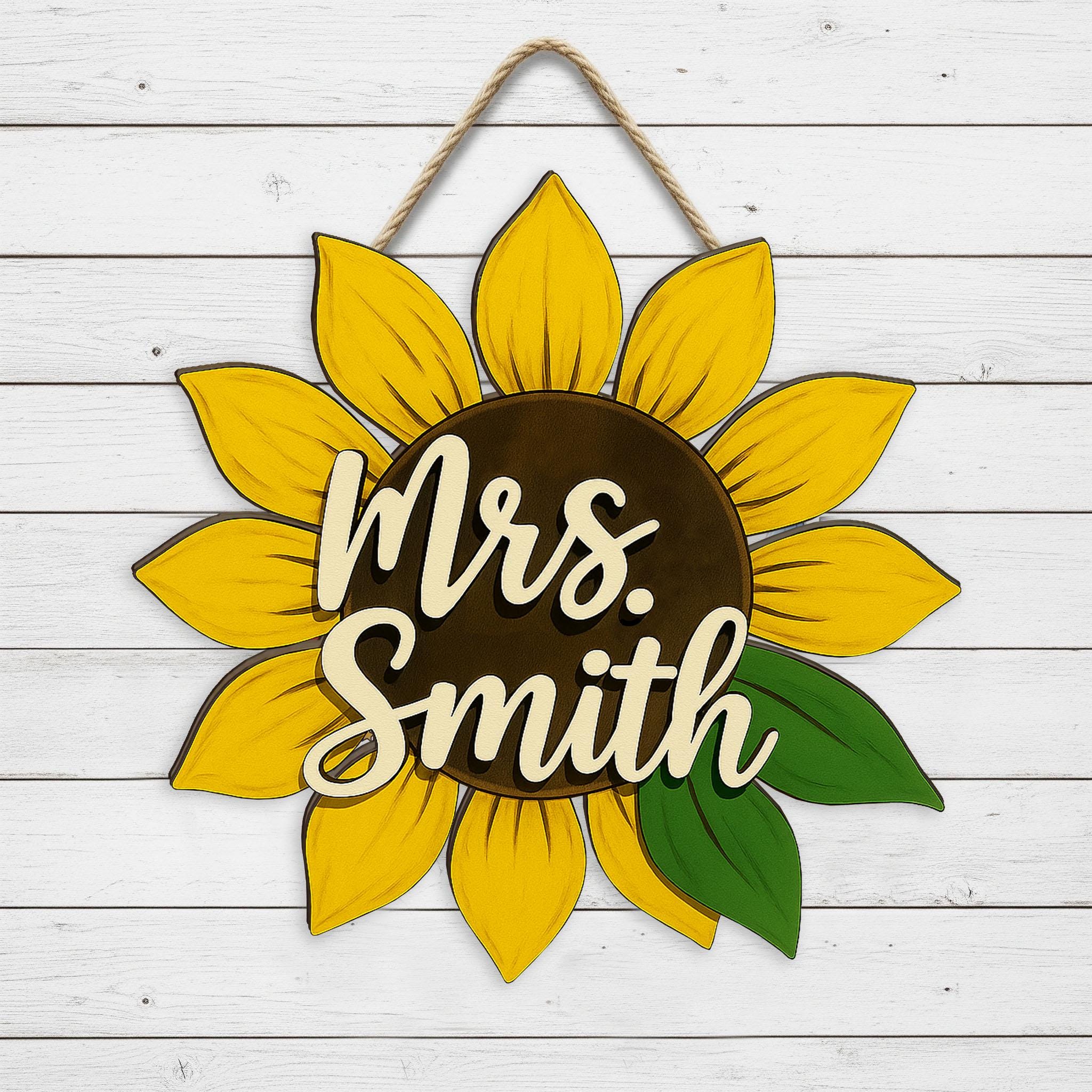 Custom Sunflower Teacher Sign, Personalized Wooden Door Hanger, Back to School Gift for Teacher, Classroom Floral Name Sign