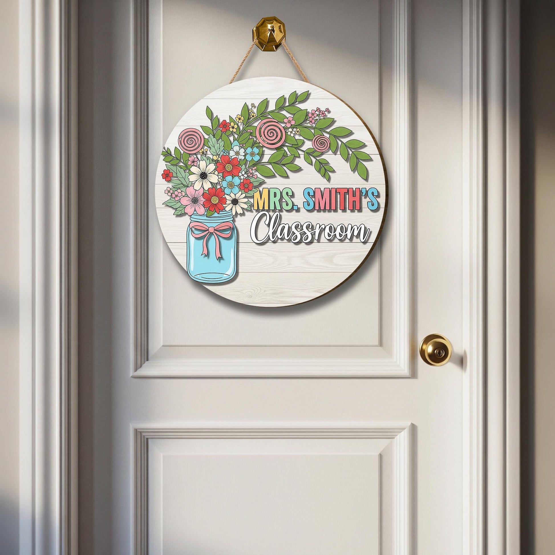 Personalized Teacher Door Sign – Floral Classroom Decor with Name – Custom Wooden Flower Jar Back to School Sign for Teachers, Educators