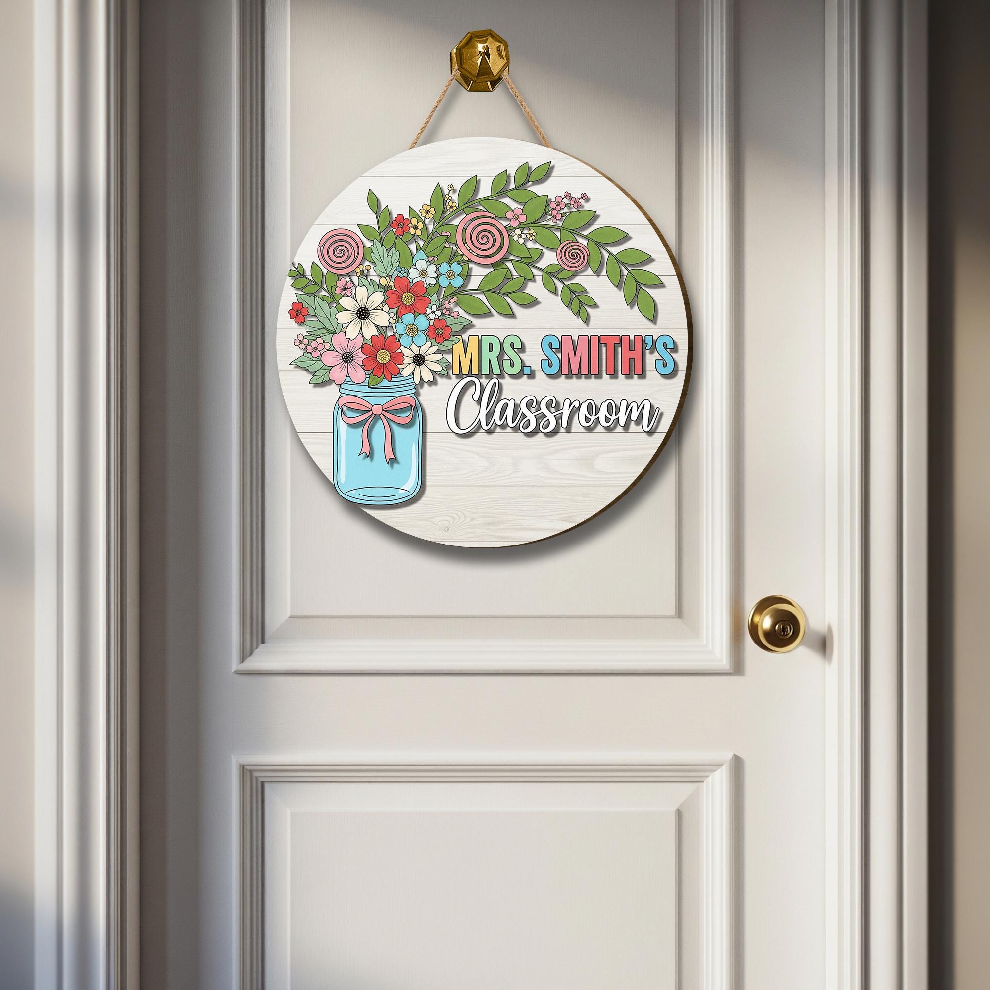 Personalized Teacher Door Sign – Floral Classroom Decor with Name – Custom Wooden Flower Jar Back to School Sign for Teachers, Educators