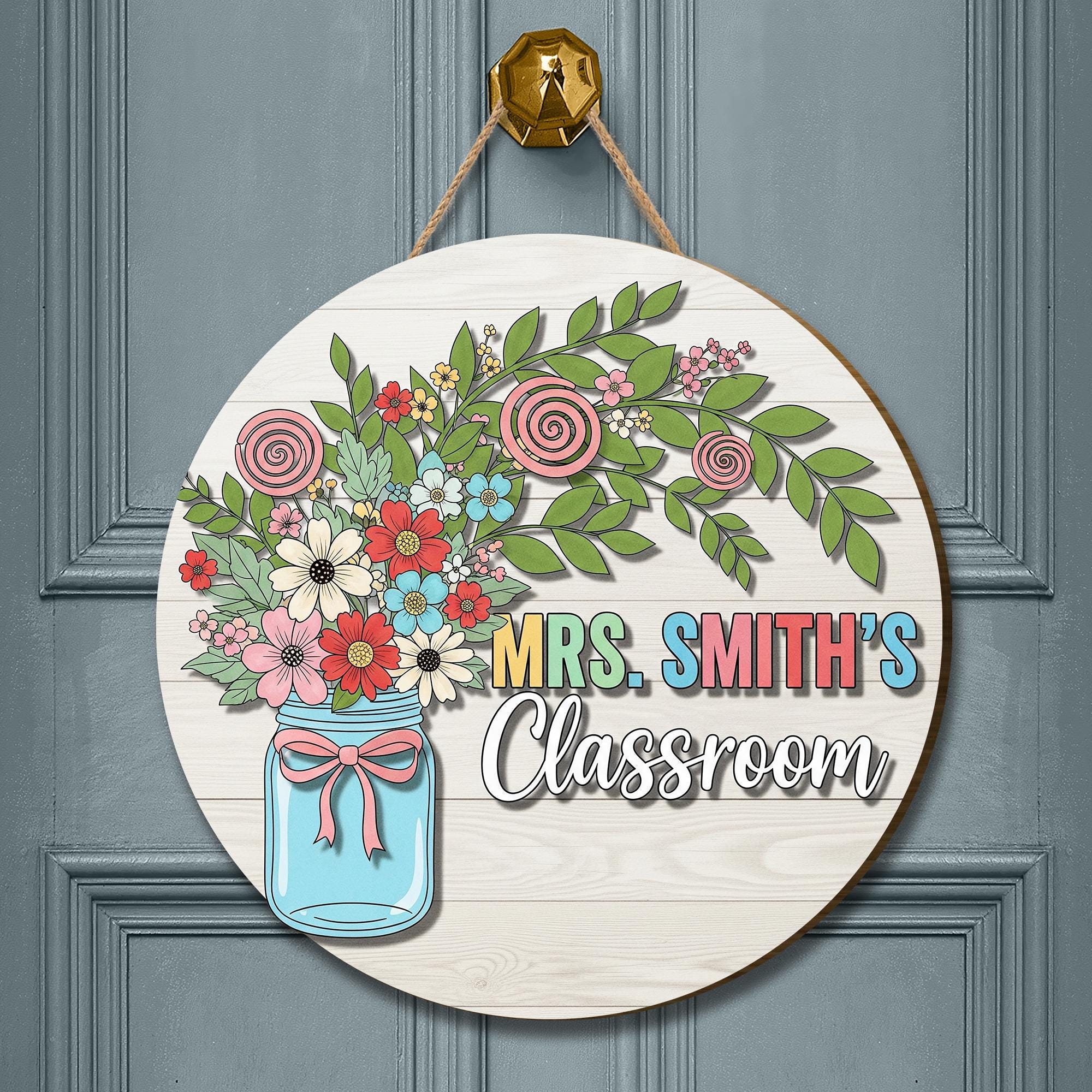 Personalized Teacher Door Sign – Floral Classroom Decor with Name – Custom Wooden Flower Jar Back to School Sign for Teachers, Educators