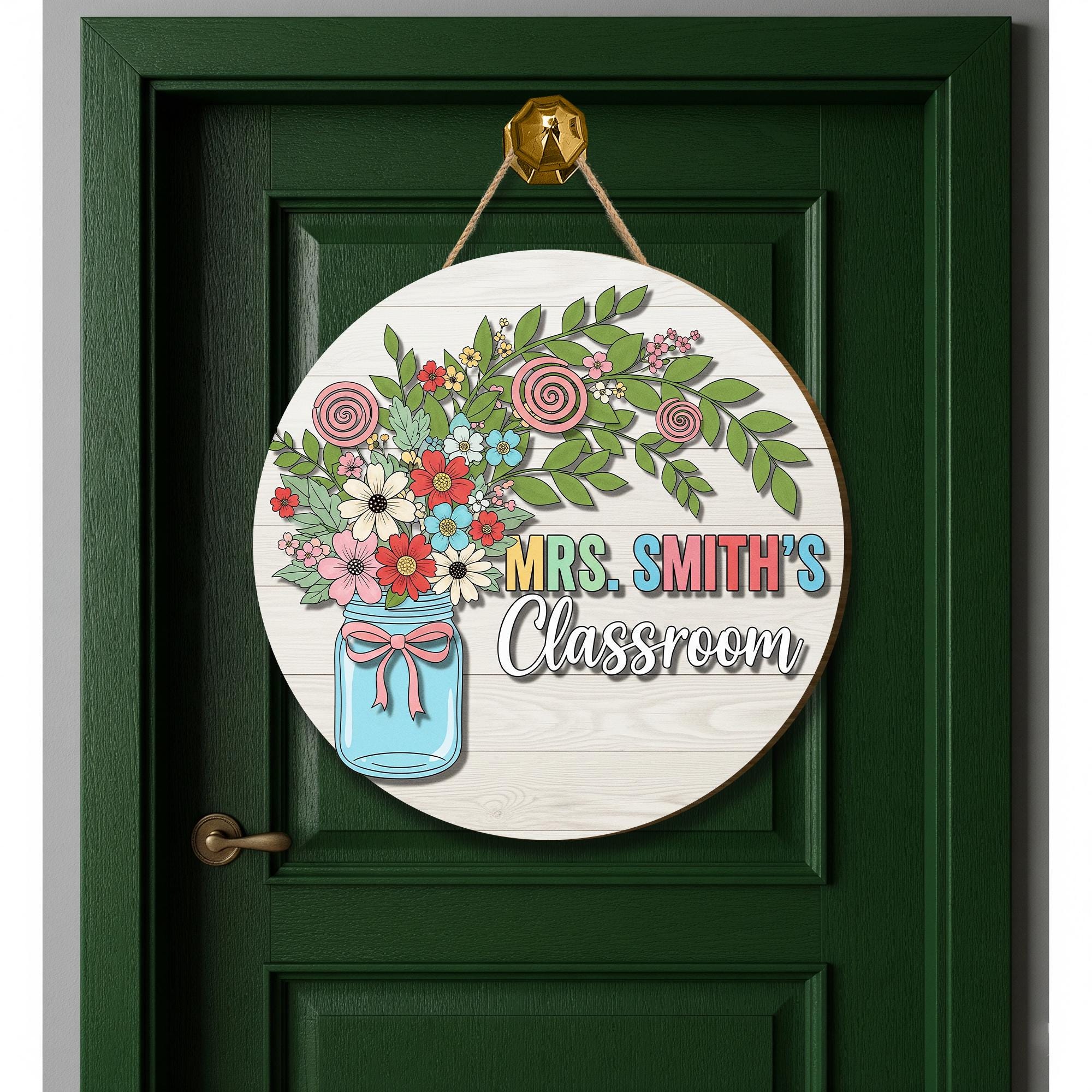Personalized Teacher Door Sign – Floral Classroom Decor with Name – Custom Wooden Flower Jar Back to School Sign for Teachers, Educators