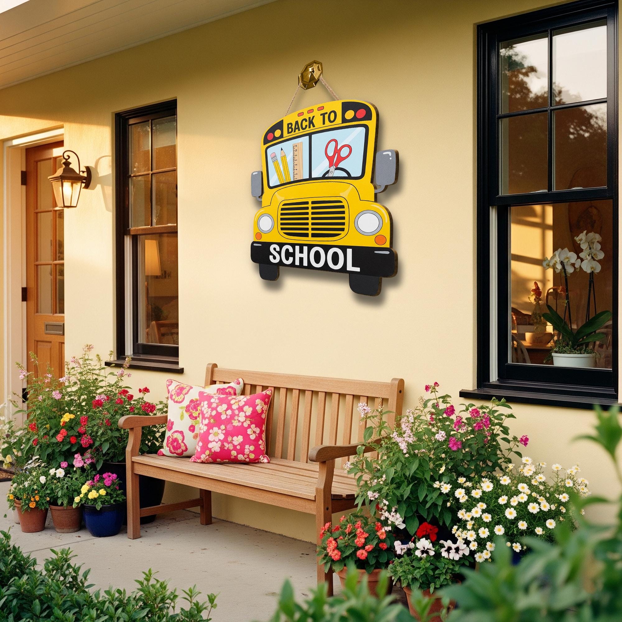 Back to School Bus Sign, Wooden Classroom Door Decor, Teacher Welcome Sign, Yellow School Bus Hanger, First Day School Decoration