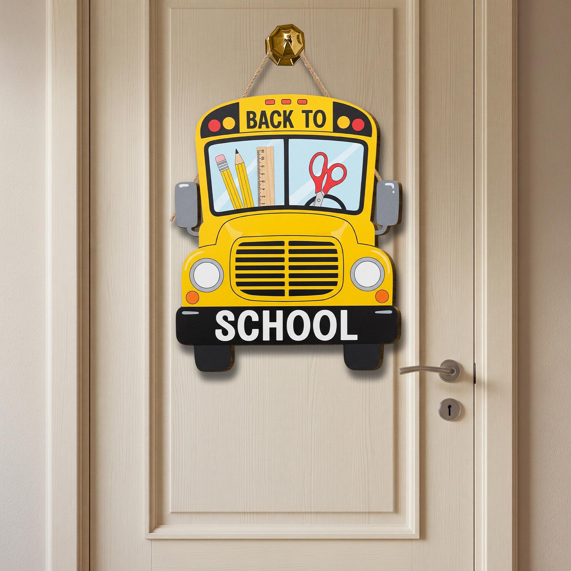 Back to School Bus Sign, Wooden Classroom Door Decor, Teacher Welcome Sign, Yellow School Bus Hanger, First Day School Decoration