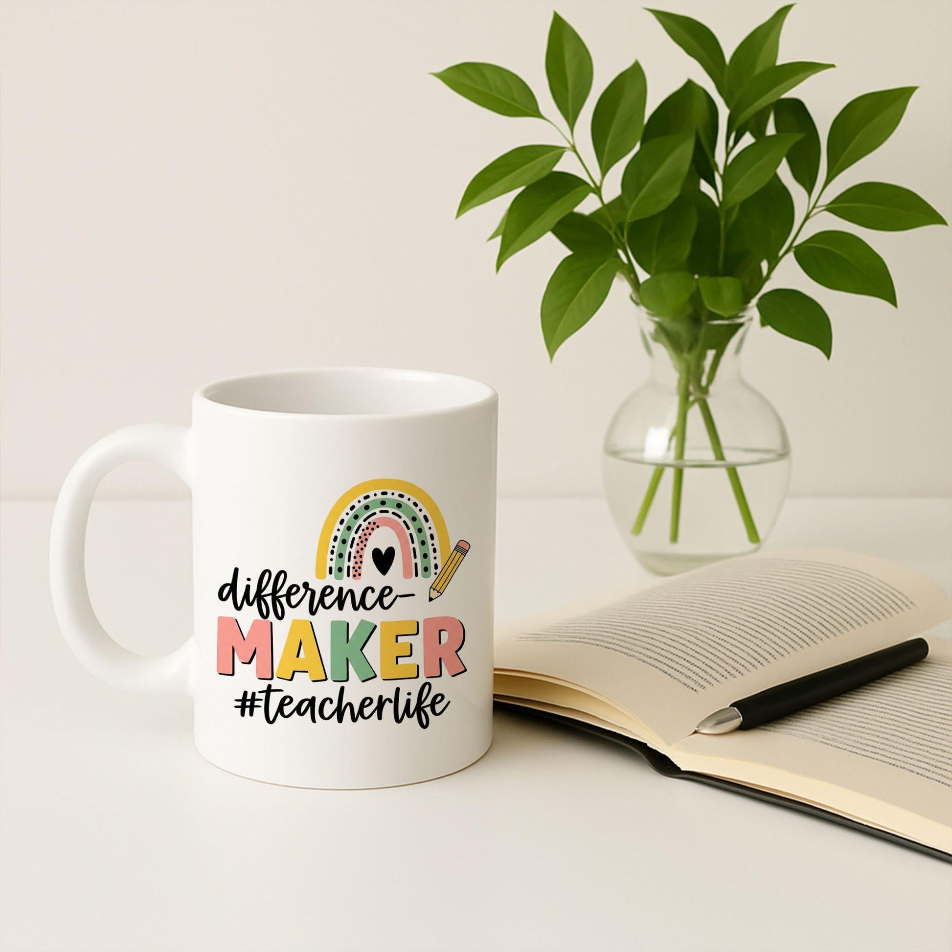 Difference Maker Teacher Mug – Accent Coffee Cup for Educators with Rainbow Design – Teacher Life Gift for Back to School