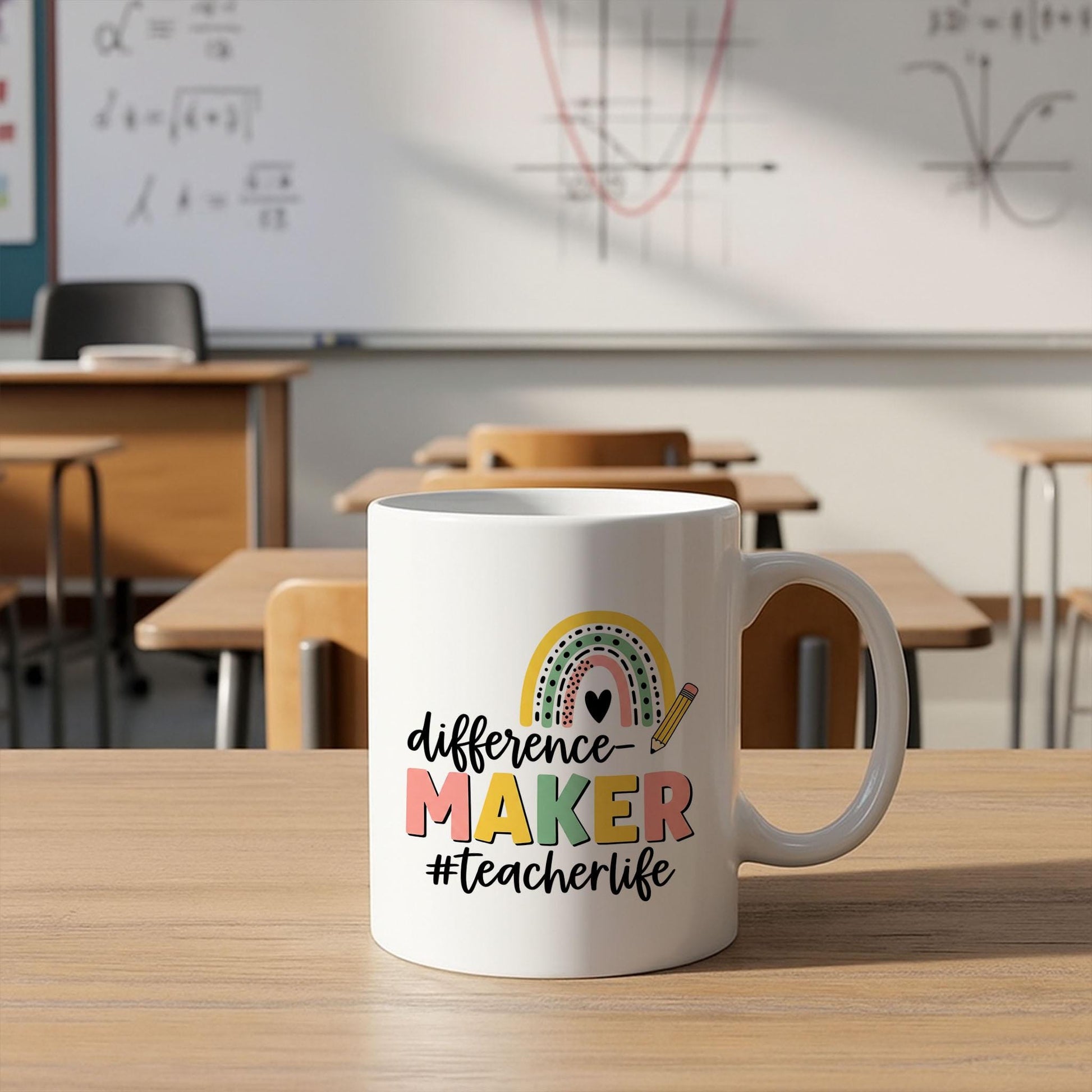 Difference Maker Teacher Mug – Accent Coffee Cup for Educators with Rainbow Design – Teacher Life Gift for Back to School