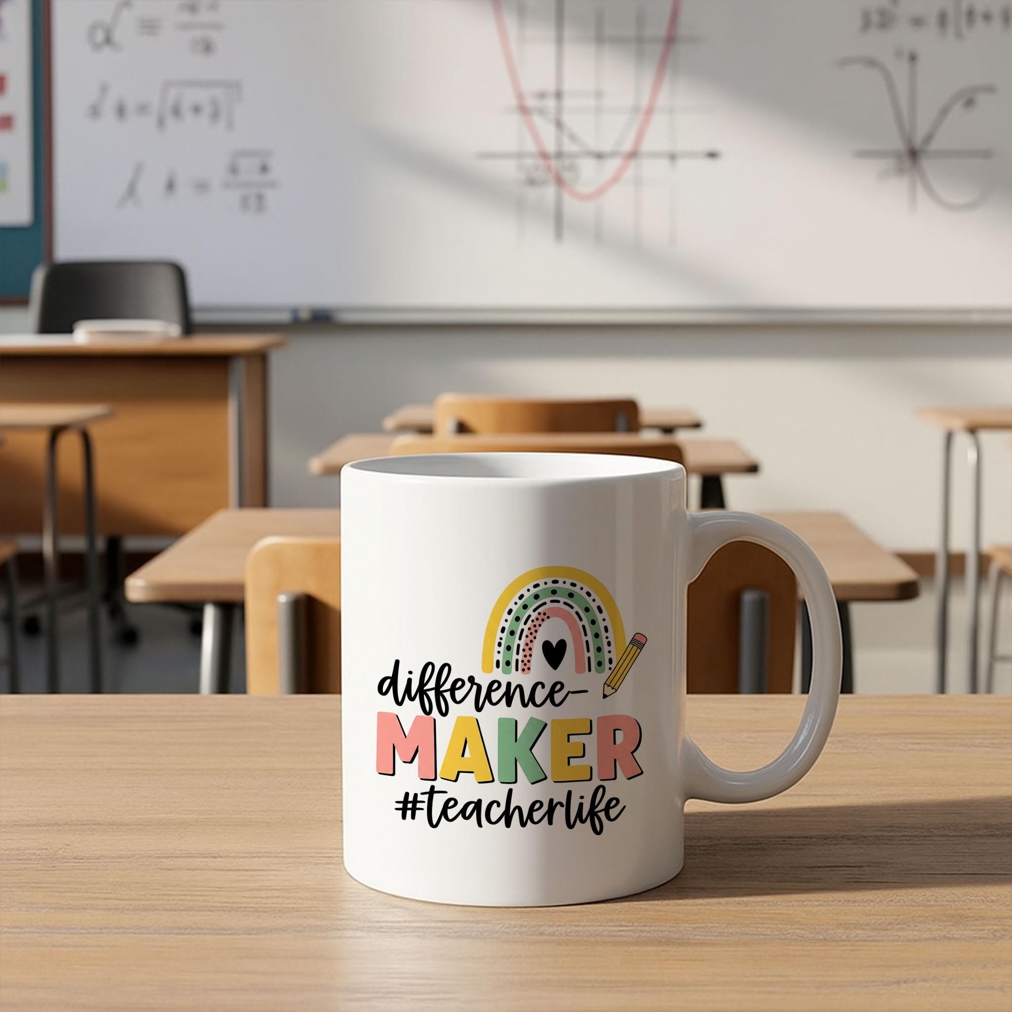 Difference Maker Teacher Mug – Accent Coffee Cup for Educators with Rainbow Design – Teacher Life Gift for Back to School