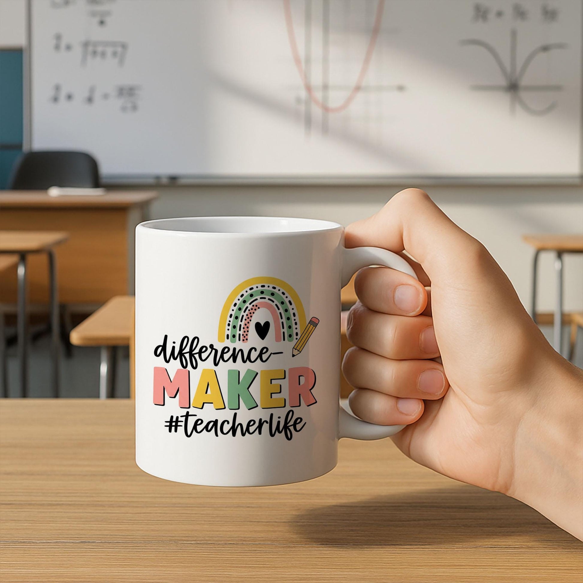 Difference Maker Teacher Mug – Accent Coffee Cup for Educators with Rainbow Design – Teacher Life Gift for Back to School