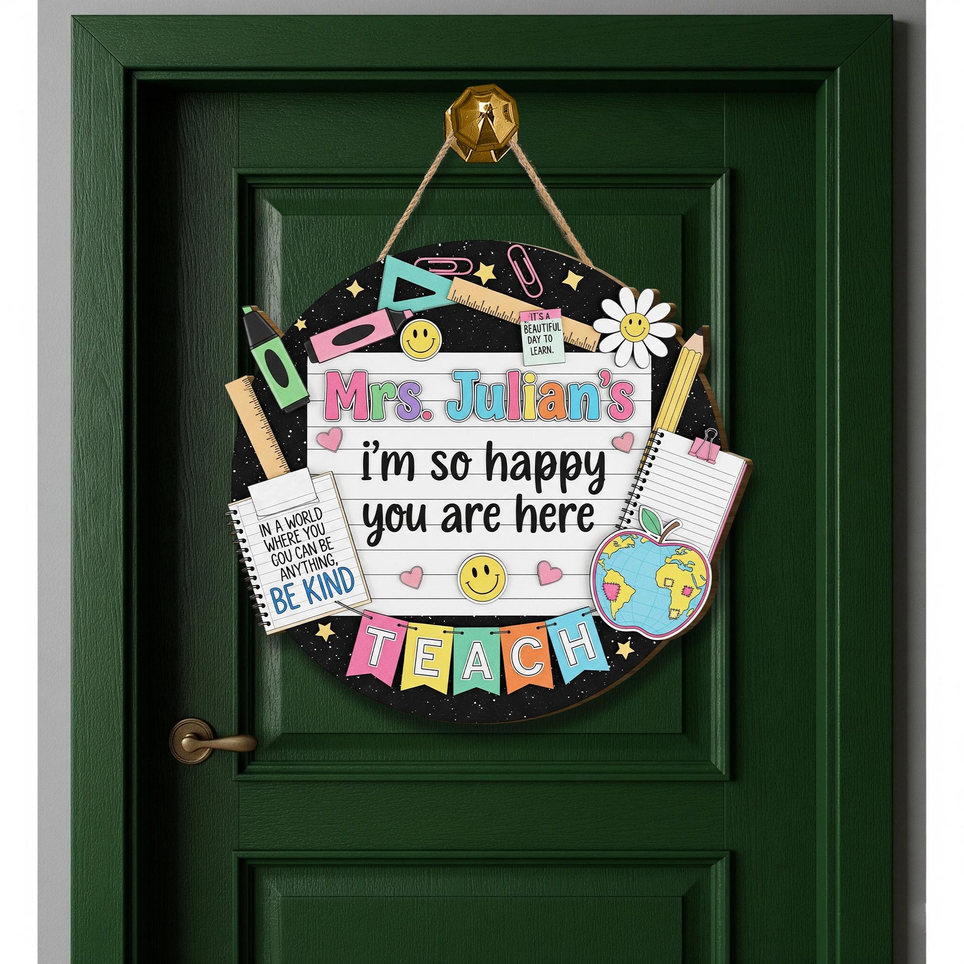 Custom Teacher Welcome Sign, Personalized Back to School Door Decor, Happy Classroom Wooden Sign for Teacher, Be Kind Theme