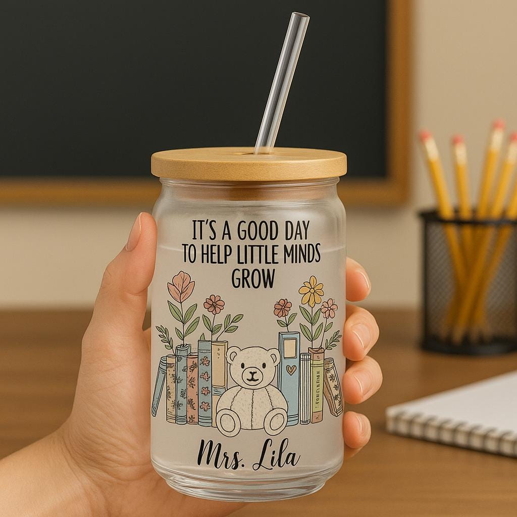 Personalized Teacher Gift Sipper Glass 16oz - "It's a Good Day to Help Little Minds Grow" with Custom Name - Cute Bear & Books Design