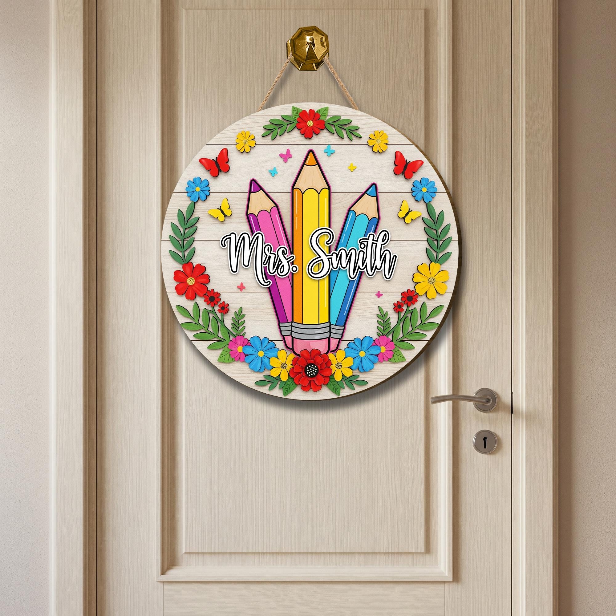 Personalized Teacher 2 Layer Wooden Door Sign – Colorful Pencil & Flower Classroom Decor – Custom Name Teachers Wooden Back to School Sign