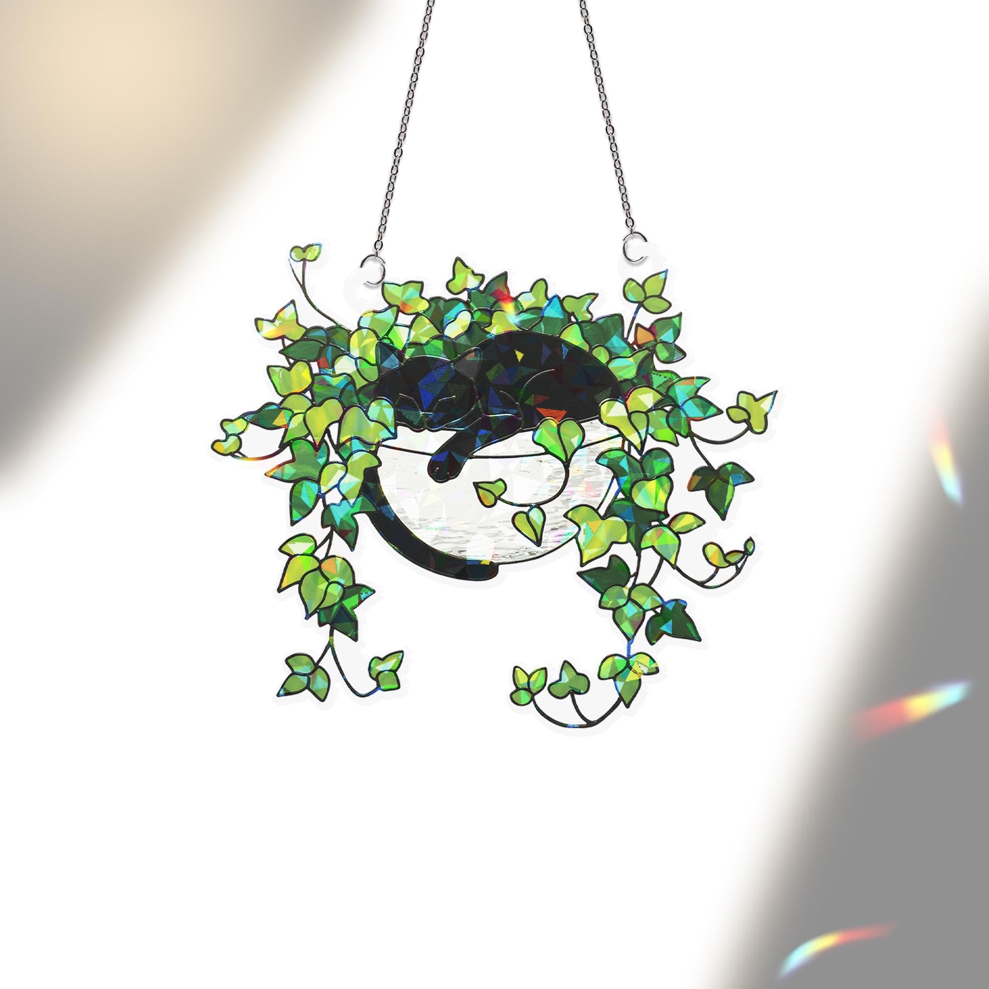 Holographic Cat Ivy ACRYLIC Suncatcher, Acrylic Plant Window Decor, Black Cat Hanging Art, Stained Glass Style Sun Catcher