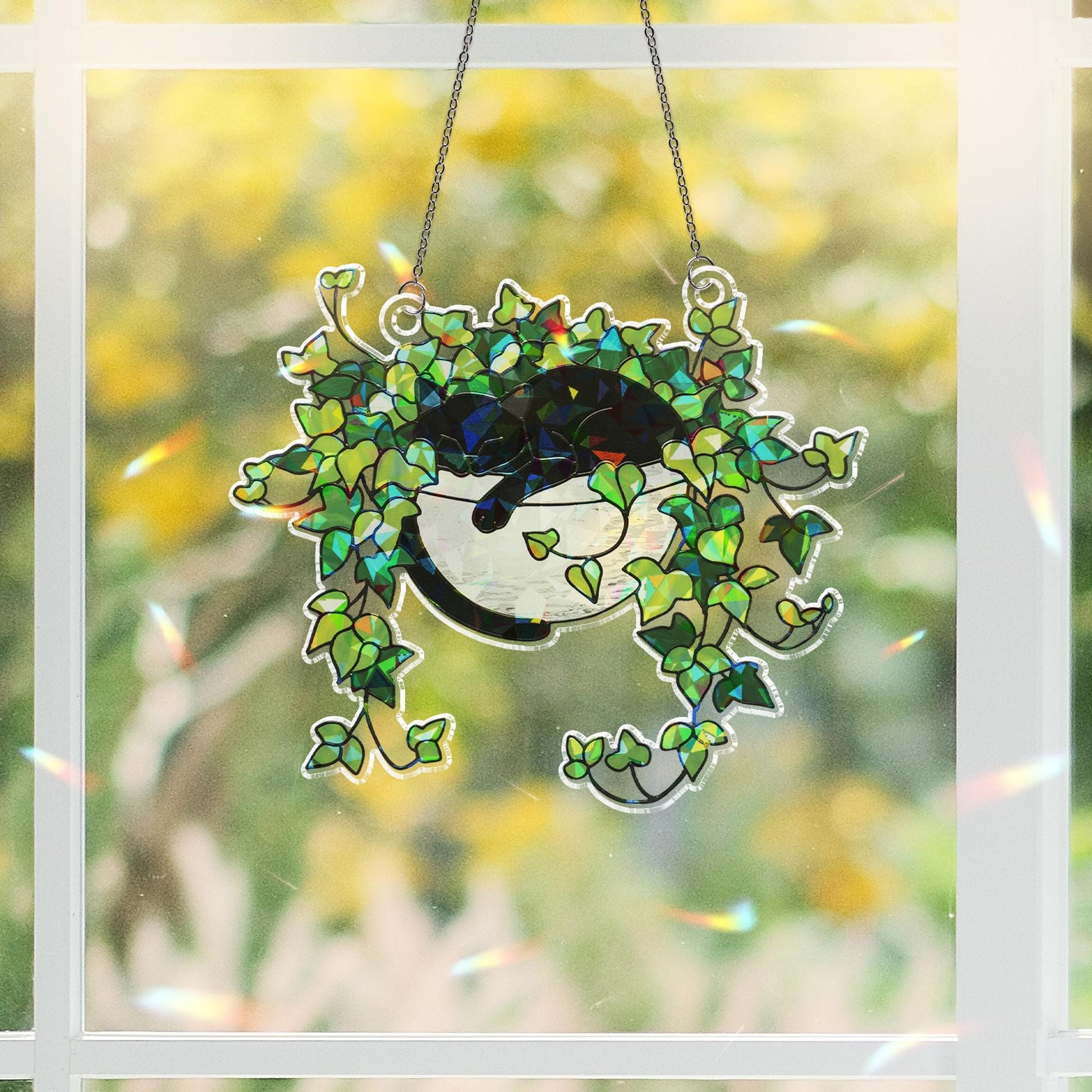 Holographic Cat Ivy ACRYLIC Suncatcher, Acrylic Plant Window Decor, Black Cat Hanging Art, Stained Glass Style Sun Catcher