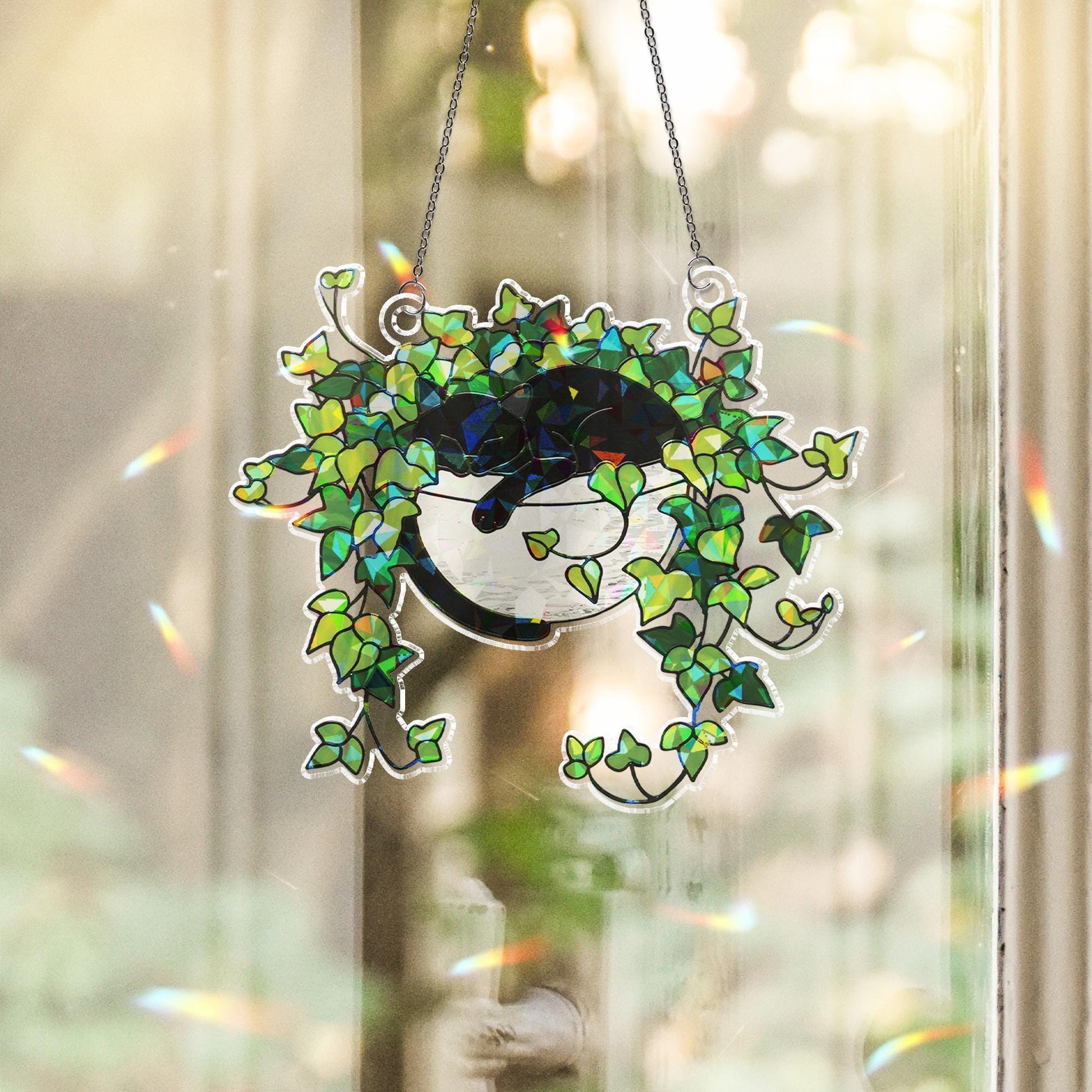 Holographic Cat Ivy ACRYLIC Suncatcher, Acrylic Plant Window Decor, Black Cat Hanging Art, Stained Glass Style Sun Catcher