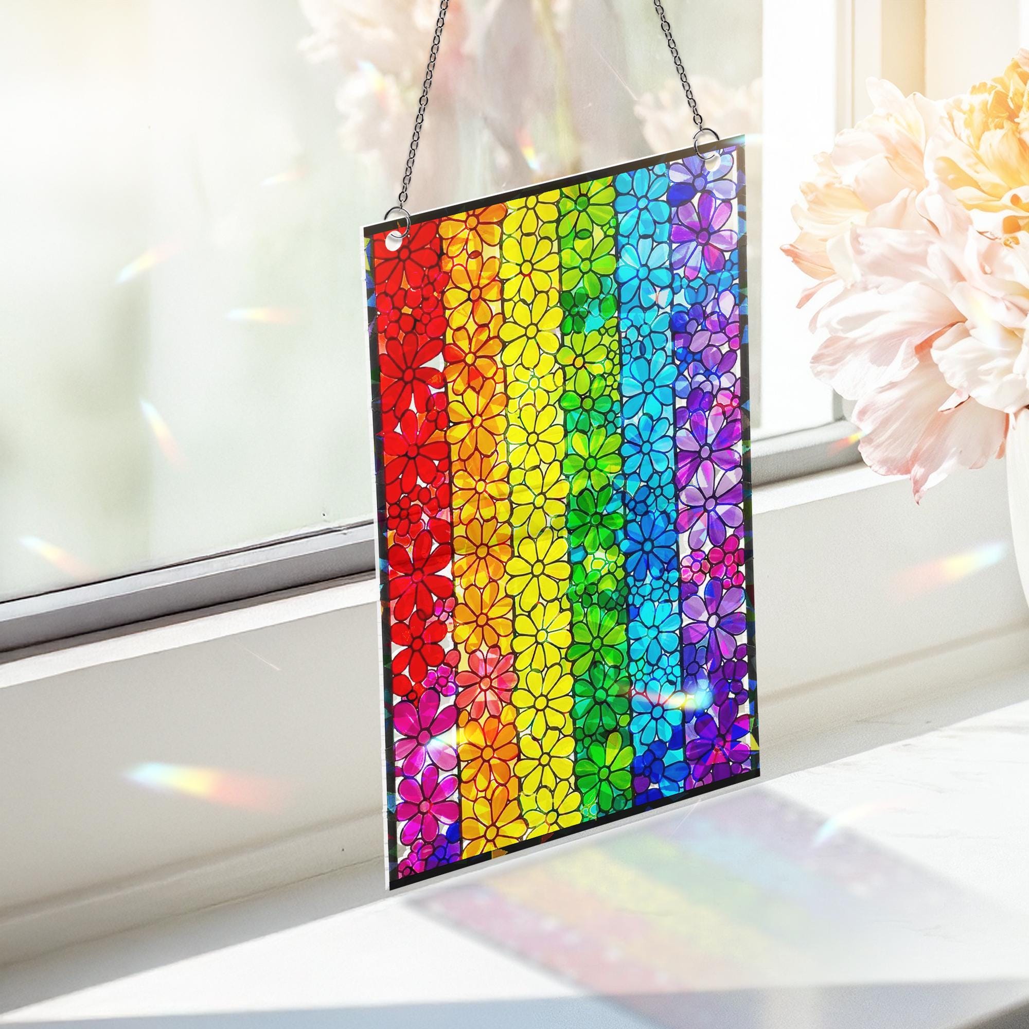 Rainbow Flower ACRYLIC Suncatcher, Acrylic Stained Glass Panel, Pride Window Decor, Colorful Floral Wall Hanging, Holographic Art Gift
