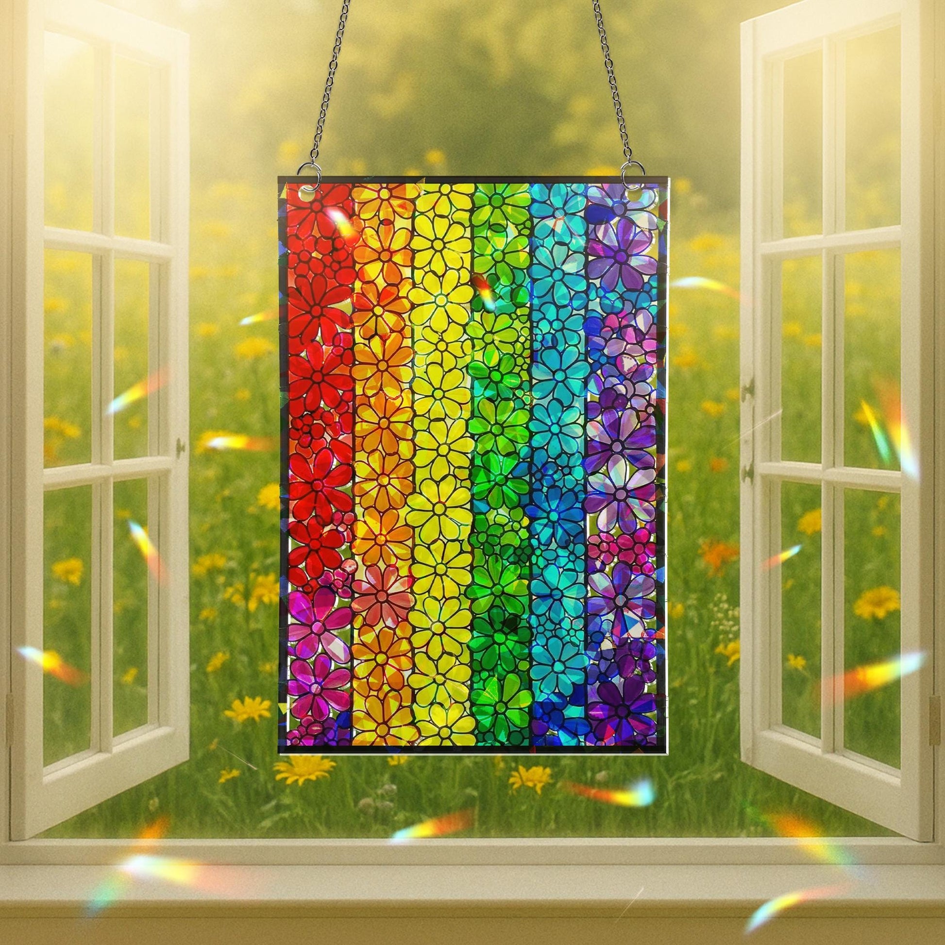 Rainbow Flower ACRYLIC Suncatcher, Acrylic Stained Glass Panel, Pride Window Decor, Colorful Floral Wall Hanging, Holographic Art Gift